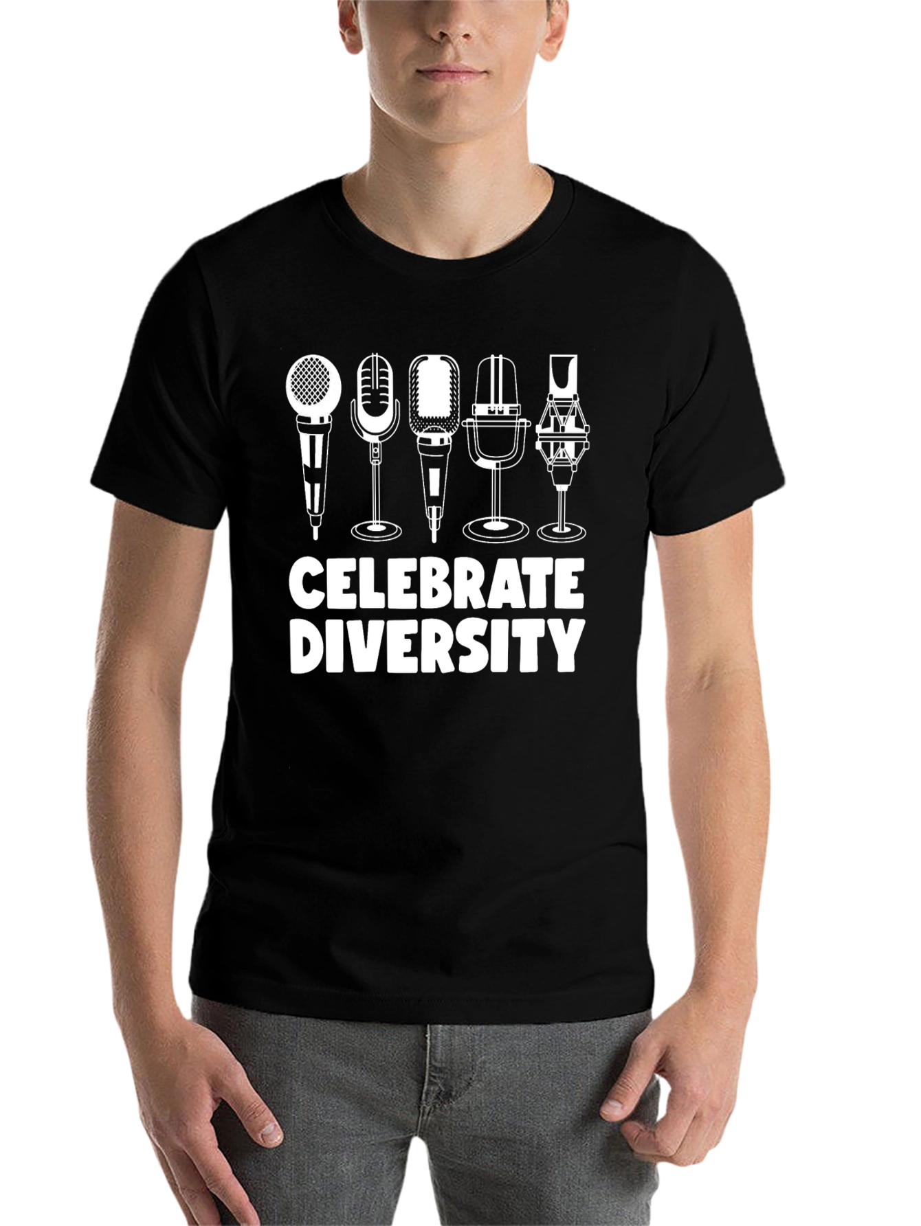 Black Celebrate Diversity T-Shirt - Microphone Graphic Tee view 7