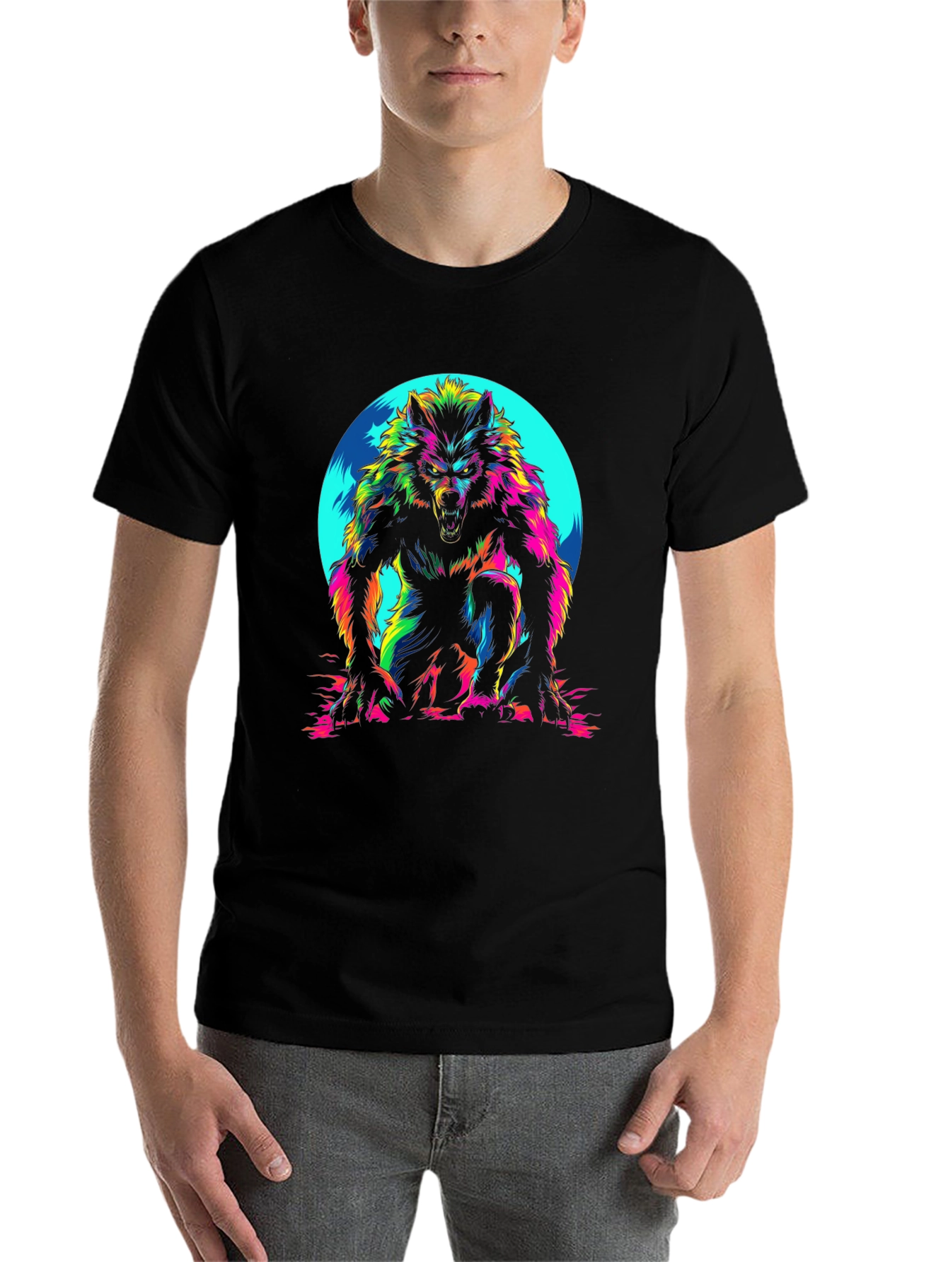 Black Vibrant Werewolf Graphic T-Shirt - Men's Black Crew Neck view 7