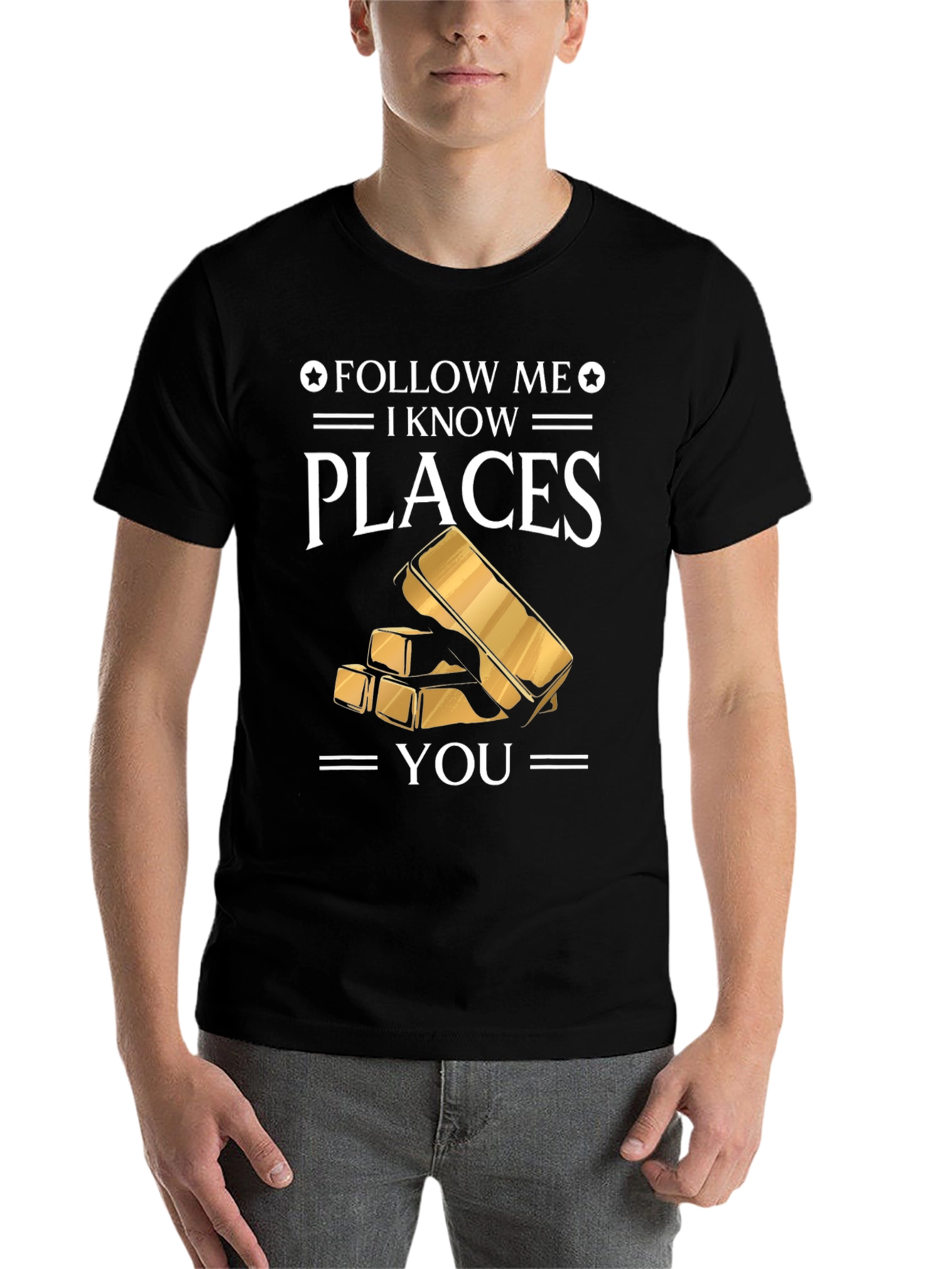 Black Follow Me I Know Places Gold Bar T-Shirt view 7
