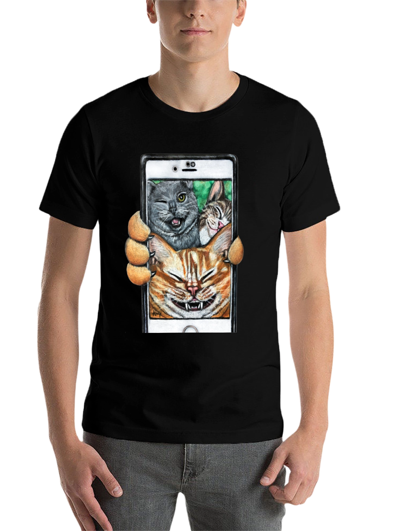 Black Funny Cat Selfie T-Shirt view 7