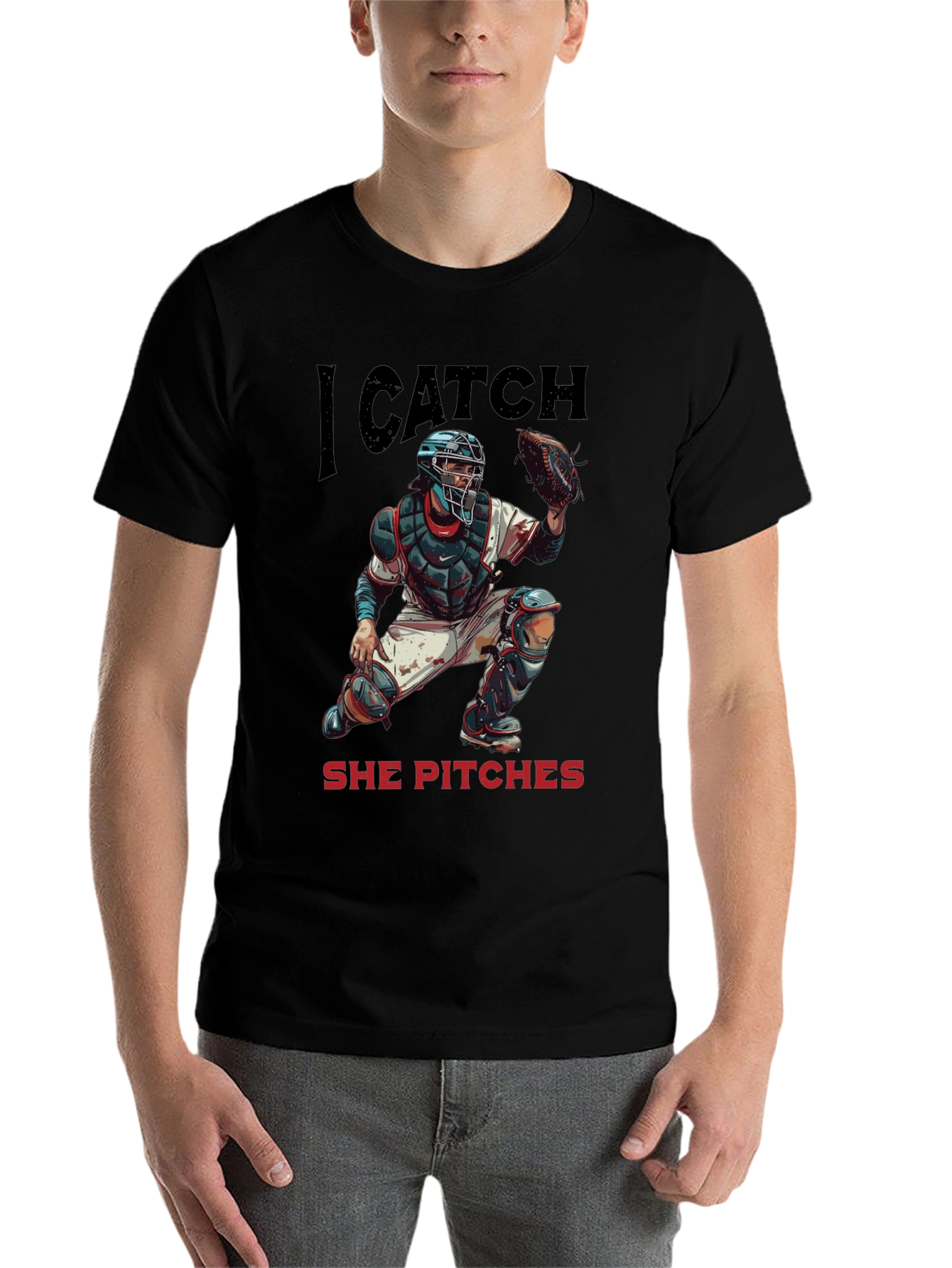 Black I Catch She Pitches Baseball T-Shirt view 7