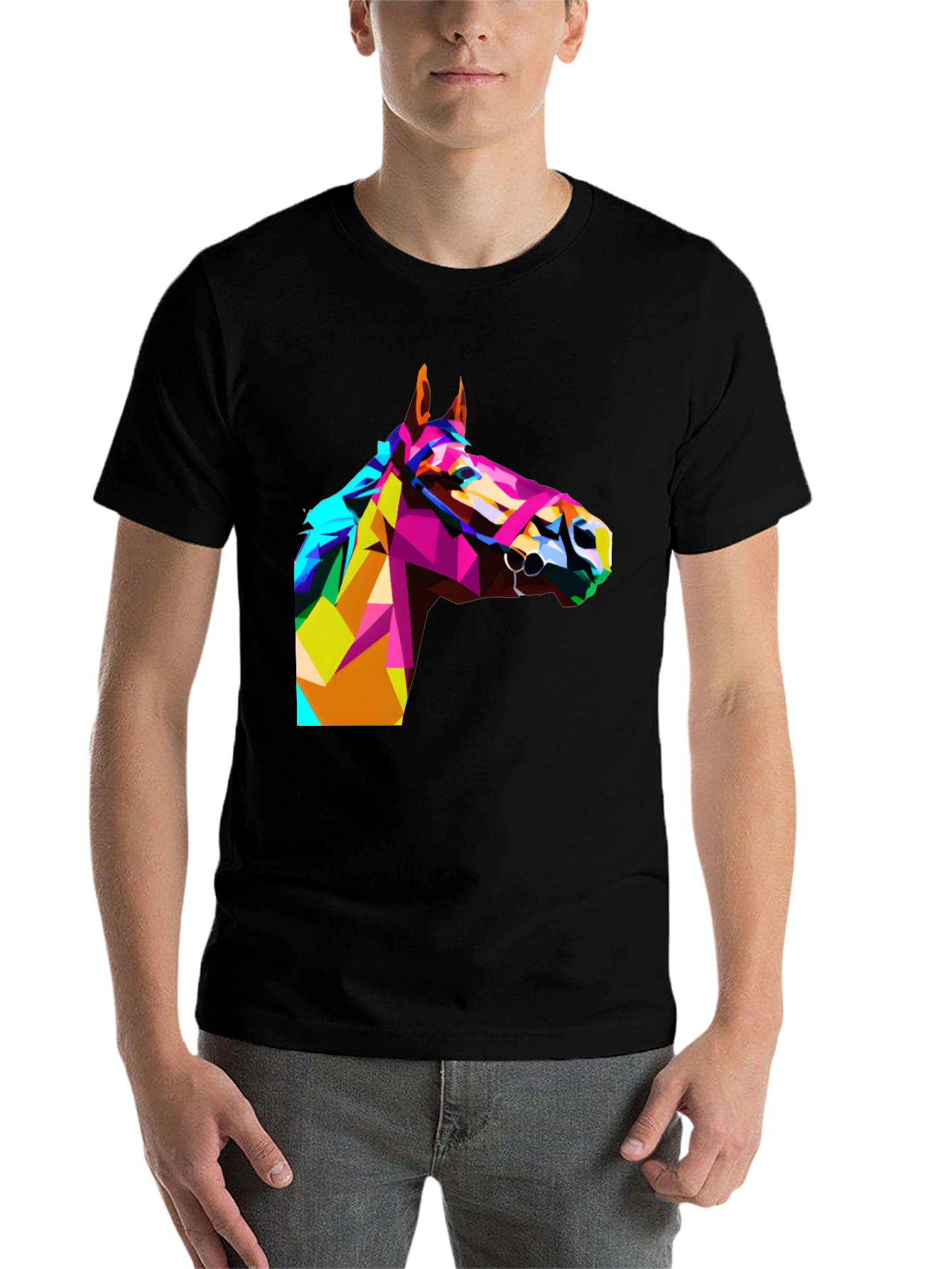 Black Geometric Horse Head Print Black T-Shirt view 7