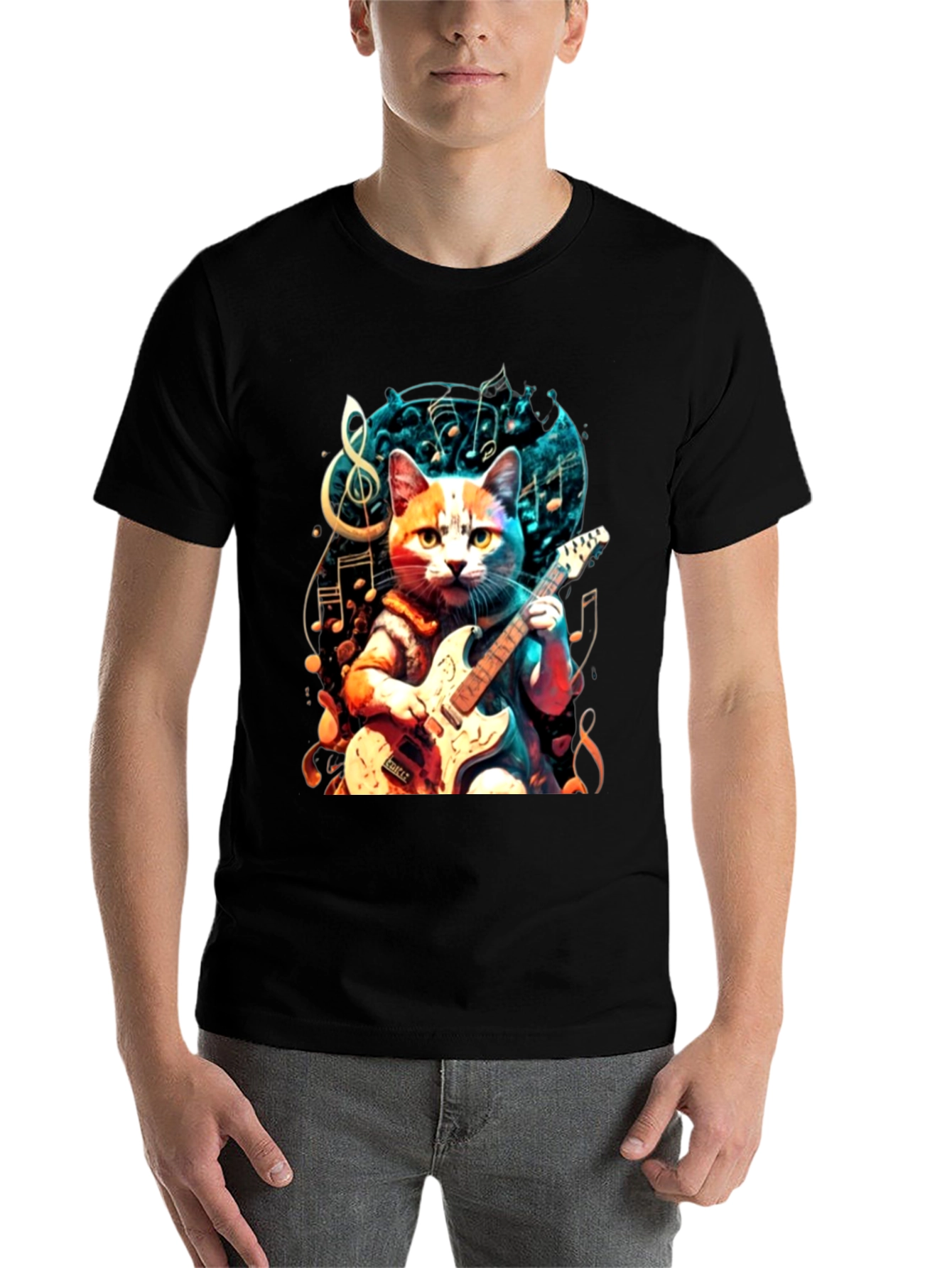 Black Cat Playing Guitar Graphic Tee view 7