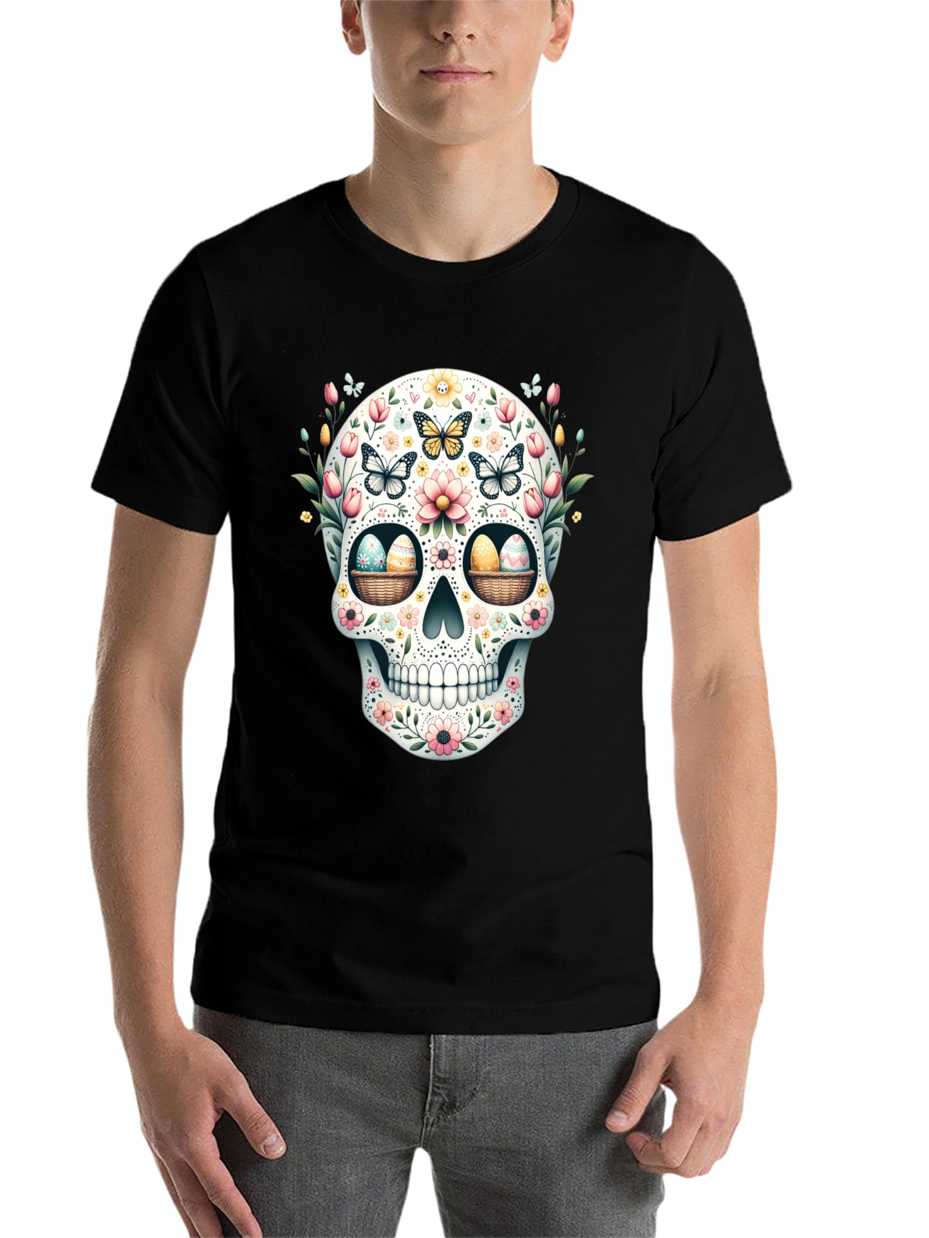 Black Floral Skull Easter Egg T-Shirt view 7