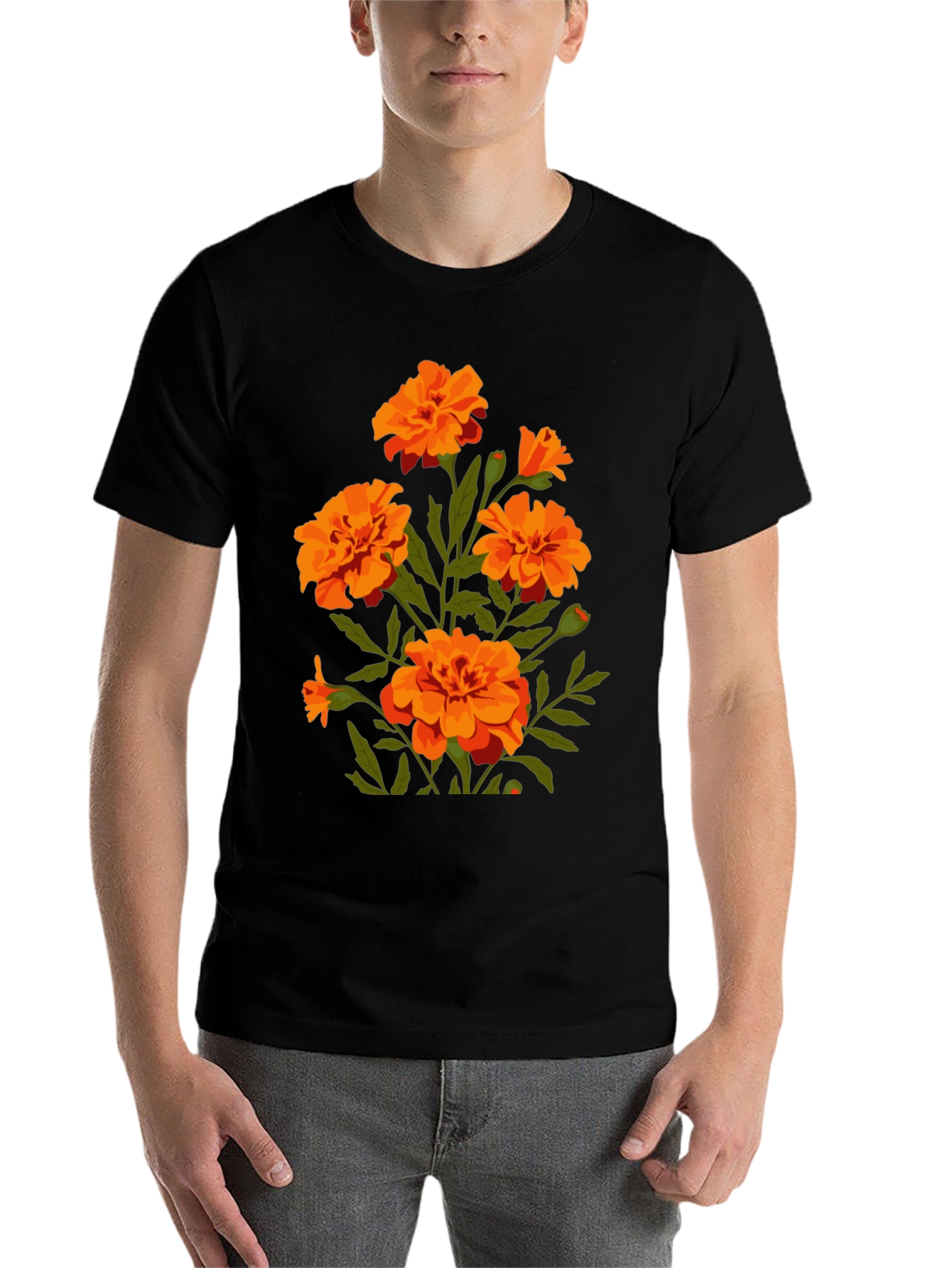 Black Black T-Shirt with Orange Flower Graphic Print view 7