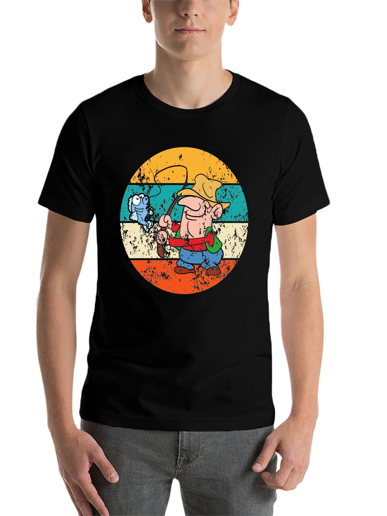 Black Retro Fishing Cartoon T-Shirt view 7