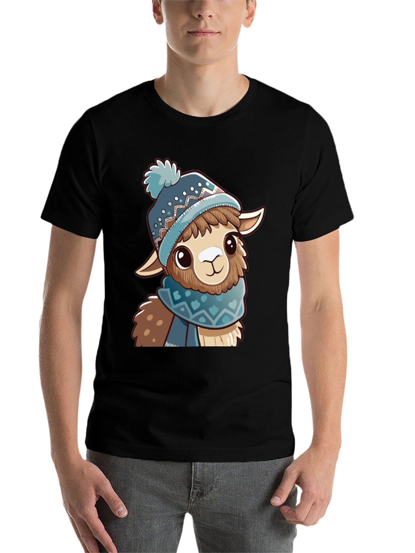 Black Cute Llama in Winter Hat Black T-Shirt view 7