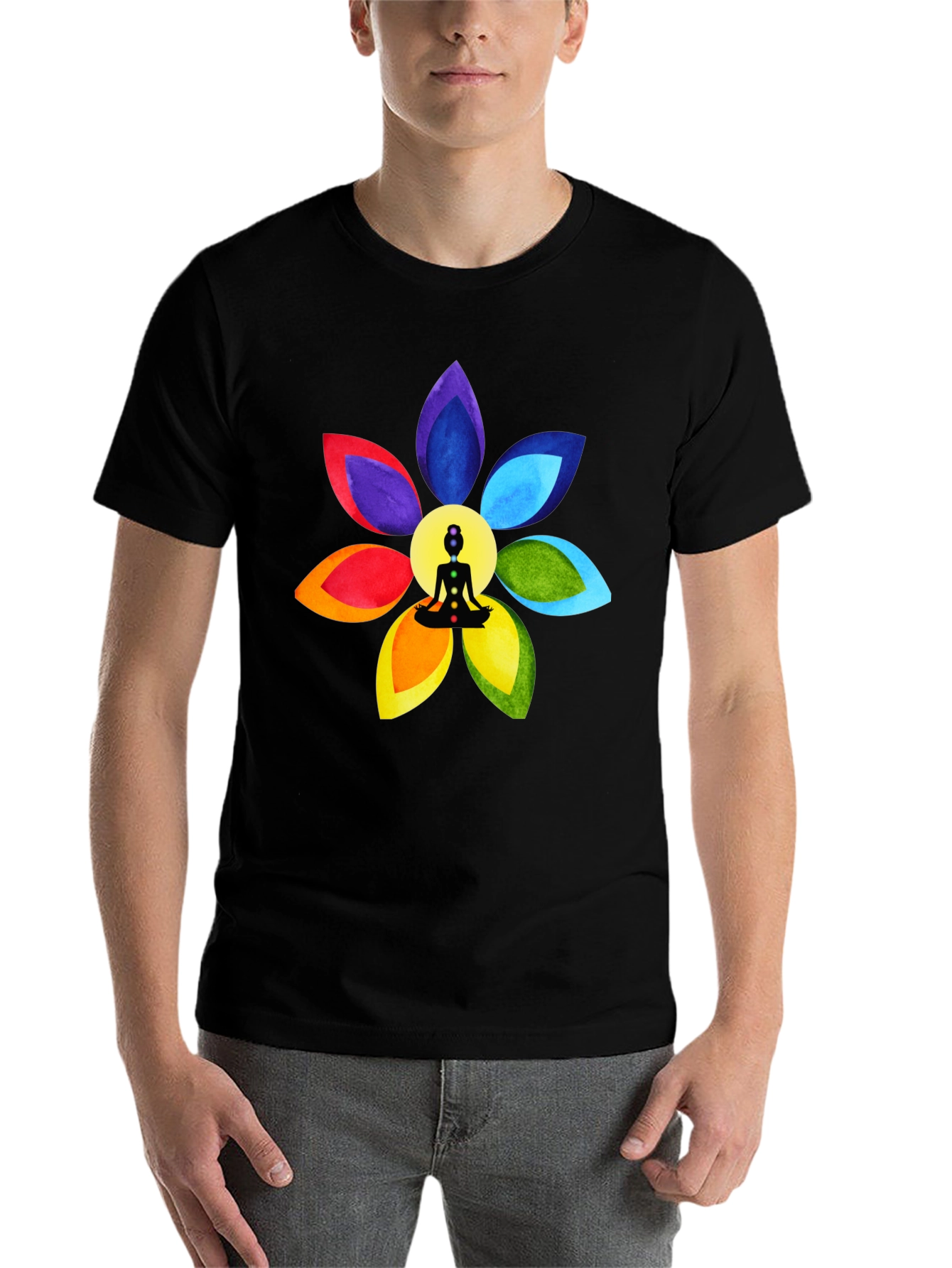 Black Chakra Flower Meditation T-Shirt - Spiritual Design view 7
