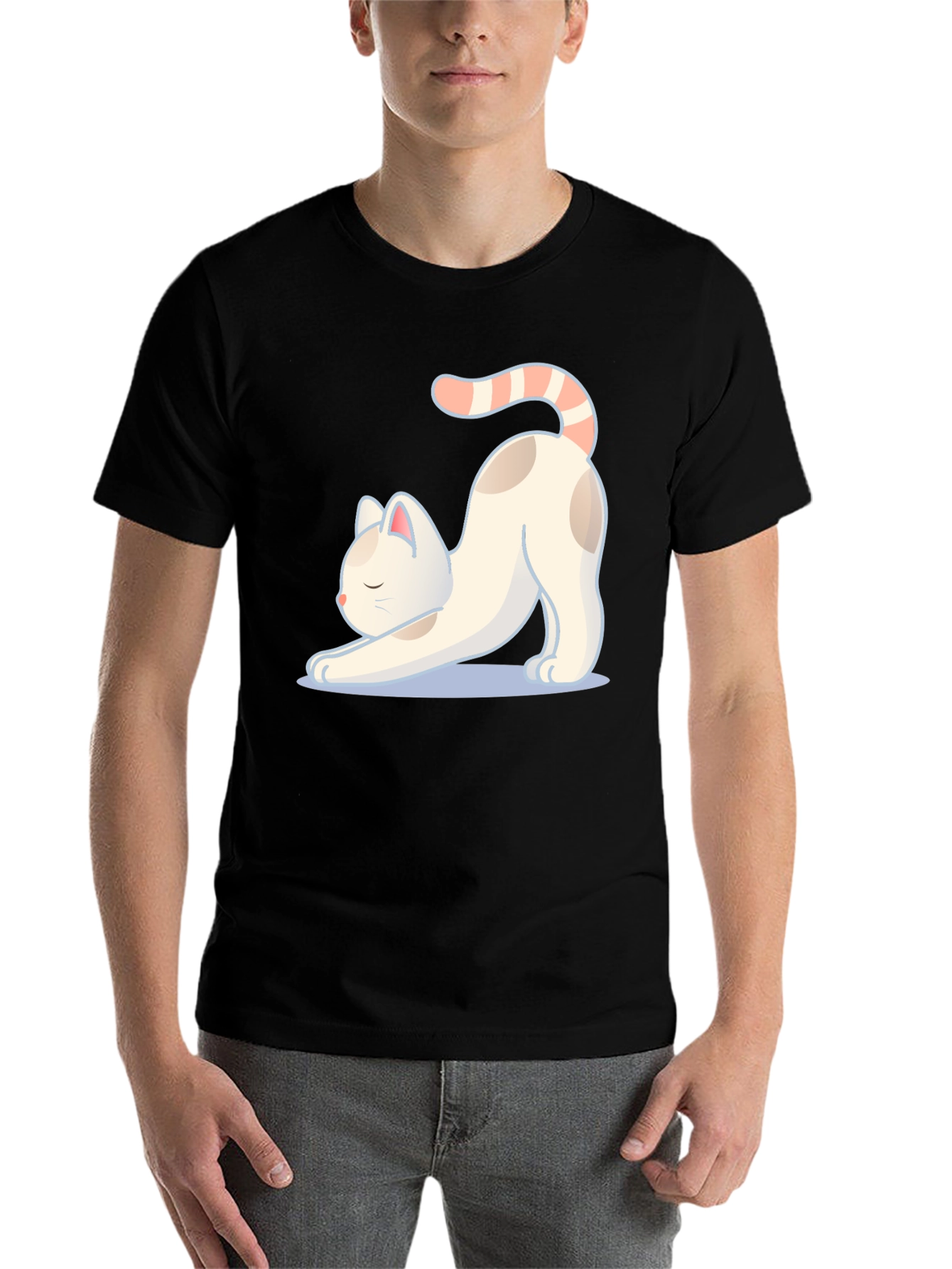 Black Cute Cat Stretching Graphic T-Shirt view 7