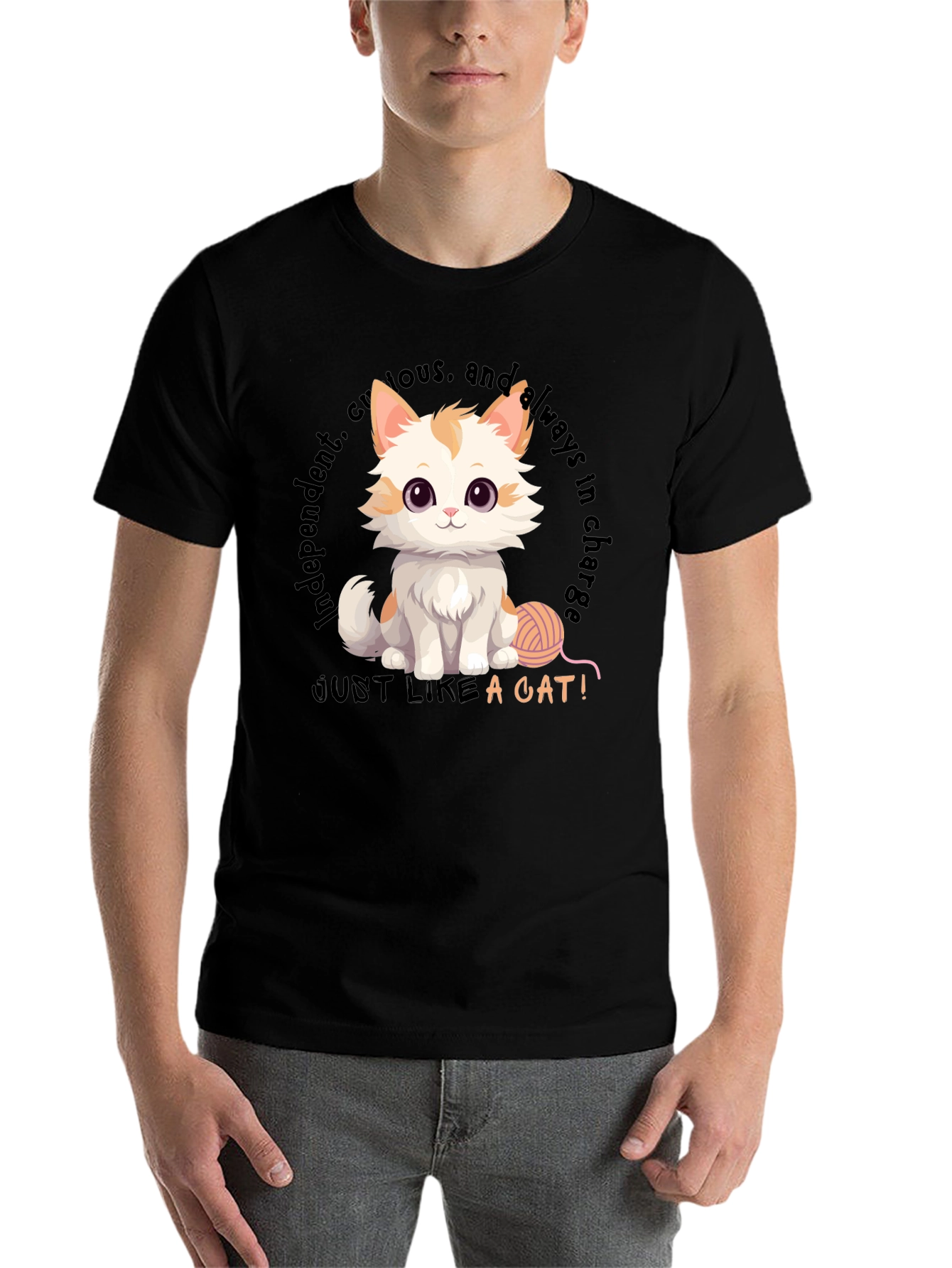 Black Cute Cat T-Shirt - Independent & Curious Design view 7