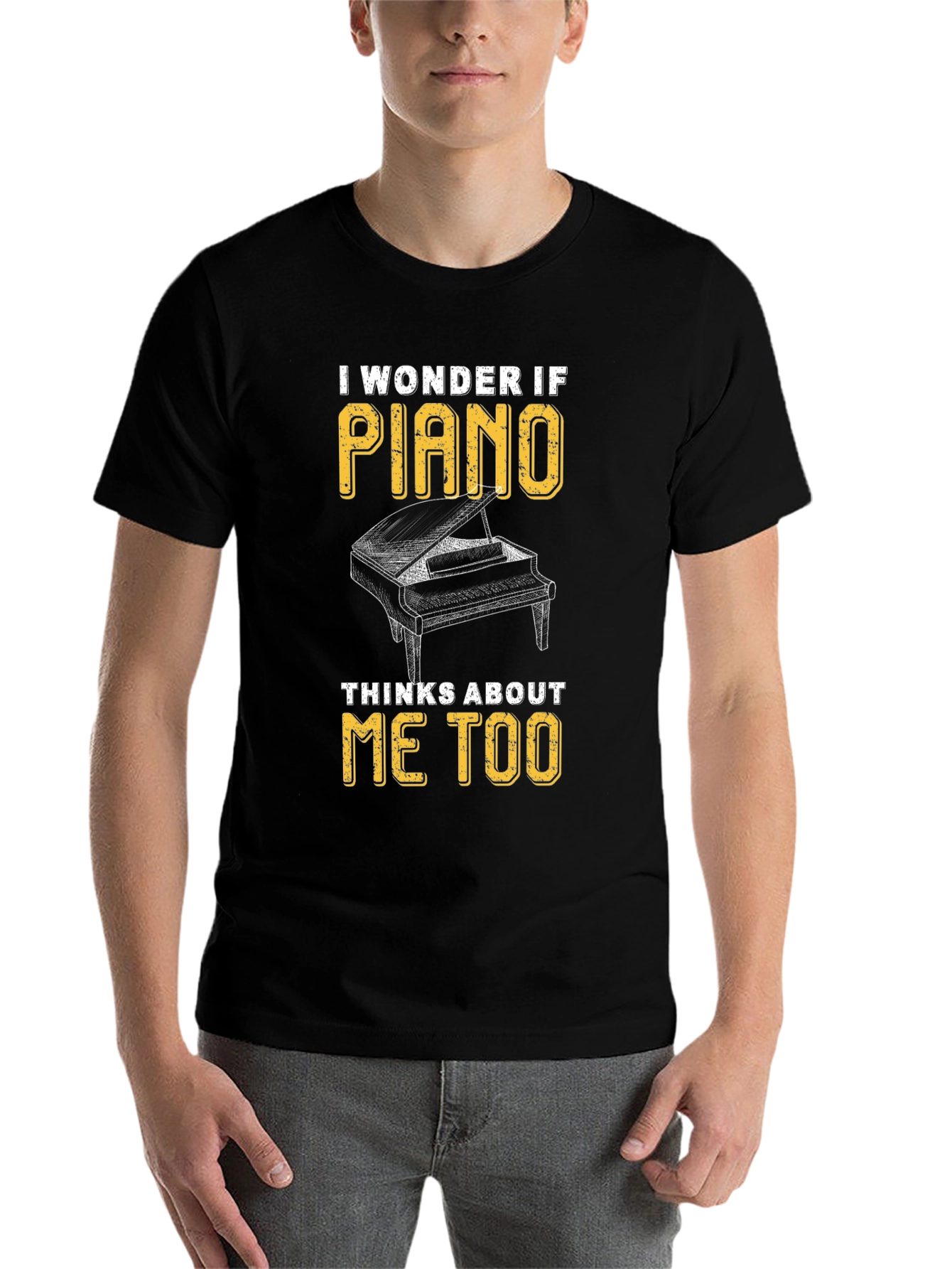 Black Piano Lover T-Shirt - I Wonder If Piano Thinks About Me Too view 7