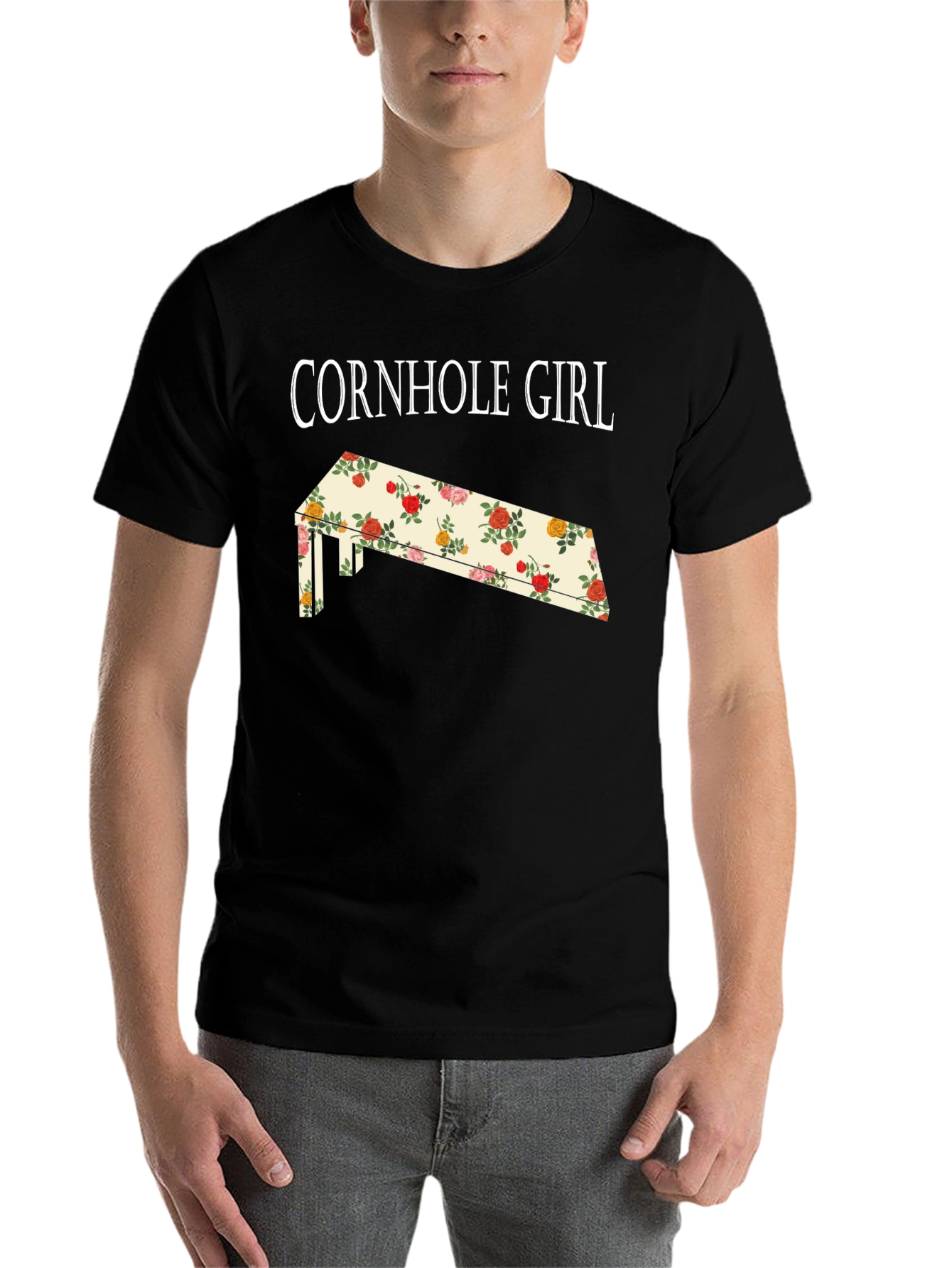 Black Cornhole Girl Floral Board T-Shirt view 7