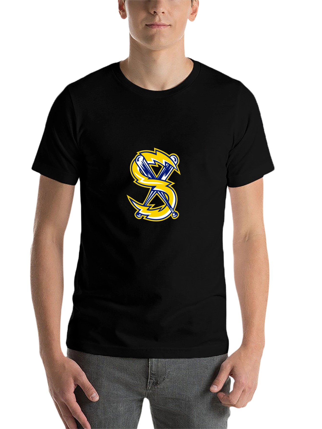 Black Black Graphic T-Shirt with Lightning Bolt Anchor Design view 7