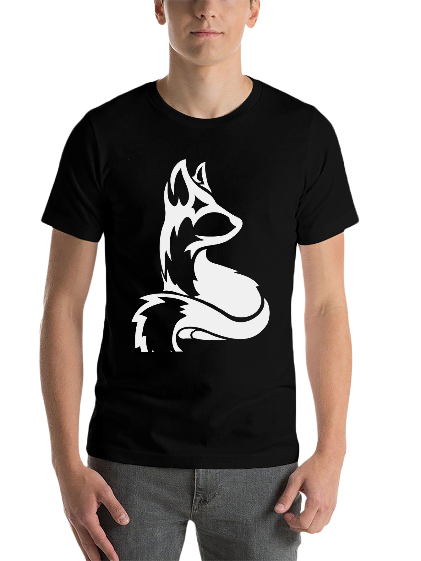 Black Men's Black T-shirt with White Fox Graphic view 7
