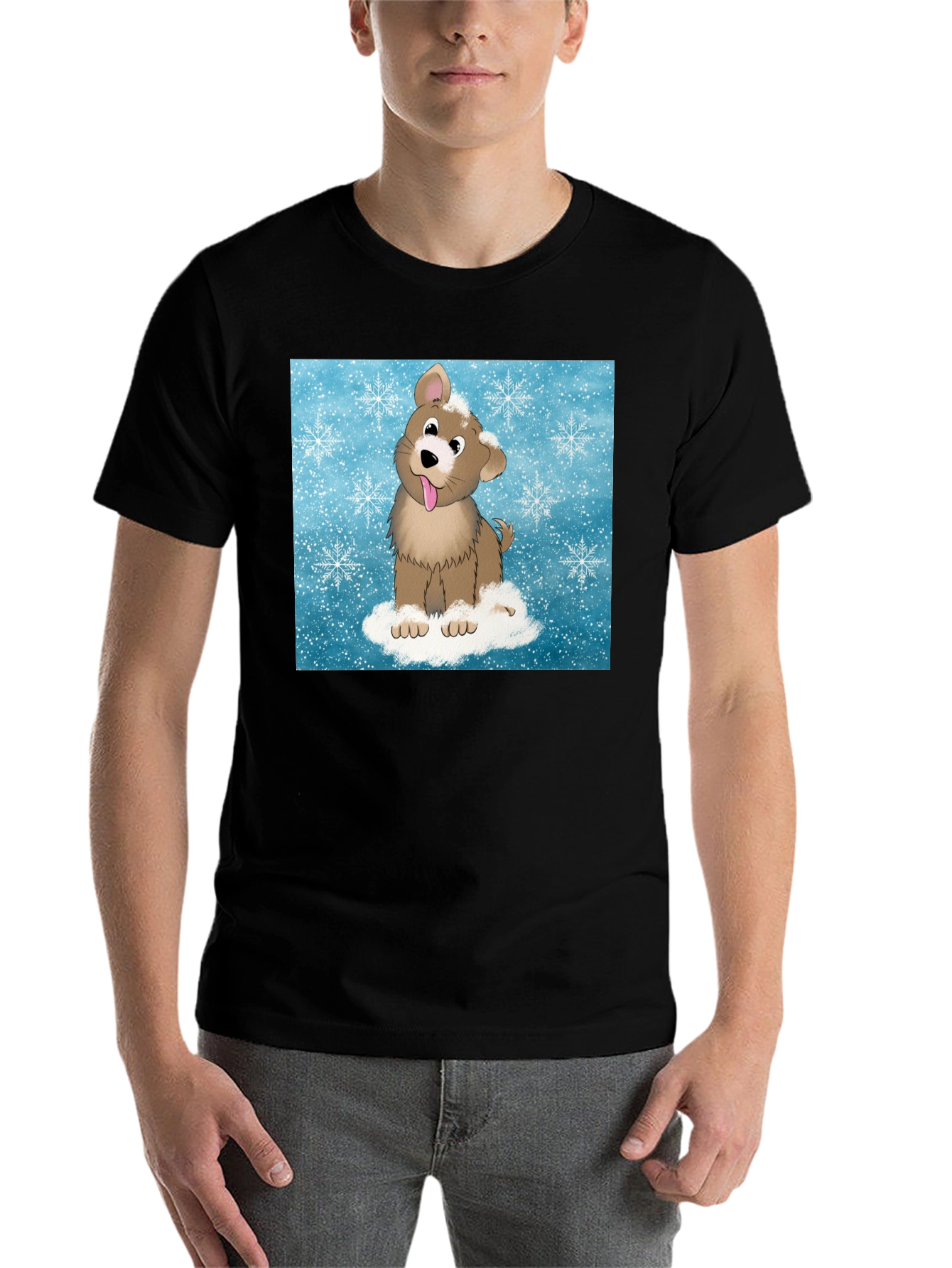 Cute Cartoon Dog in Snow Graphic T-Shirt - 7