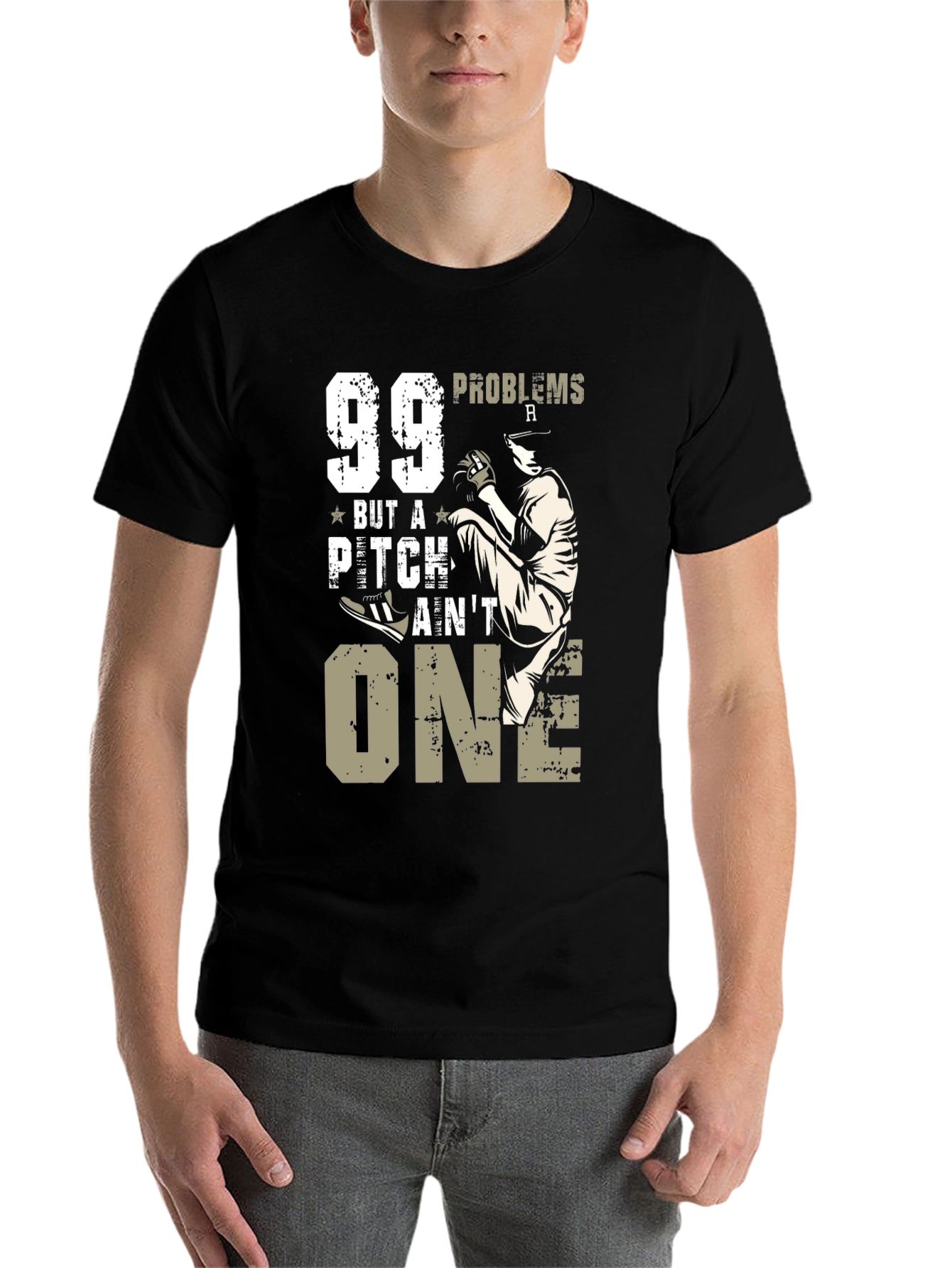 Black 99 Problems But A Pitch Ain't One Baseball T-Shirt view 7