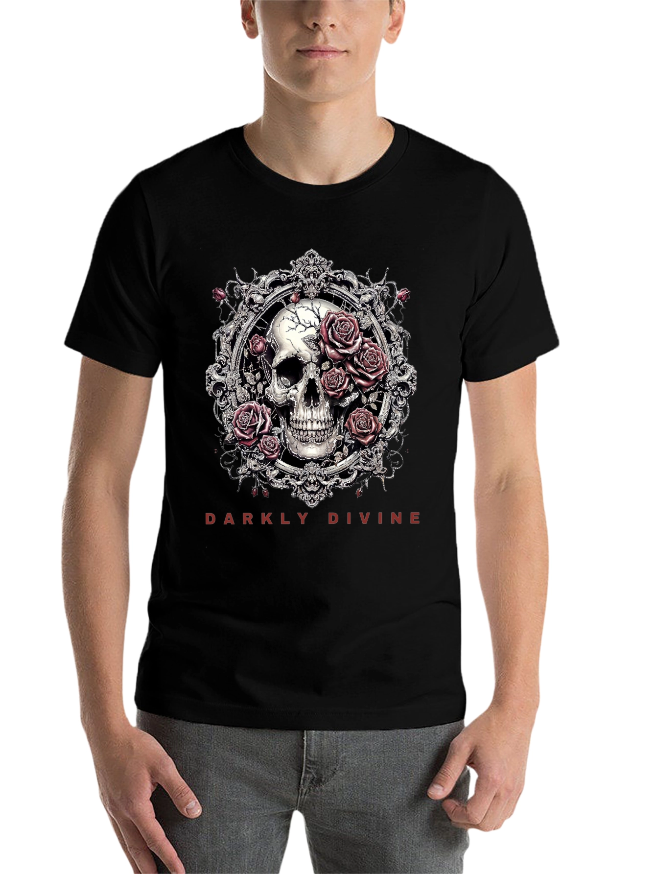 Black Darkly Divine Skull & Roses Graphic T-Shirt view 7