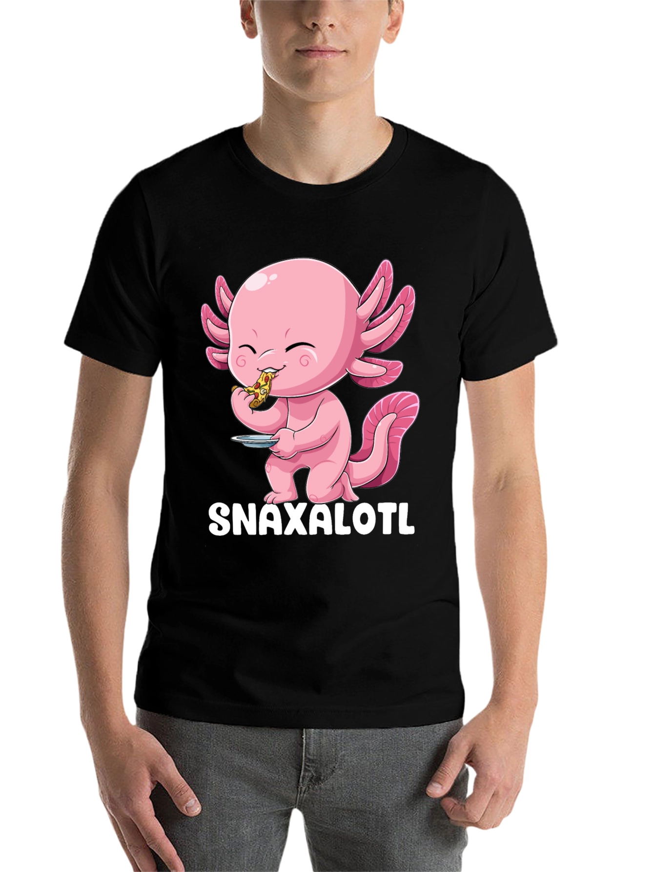 Black Snaxalotl T-Shirt - Cute Axolotl Pizza Lover view 7