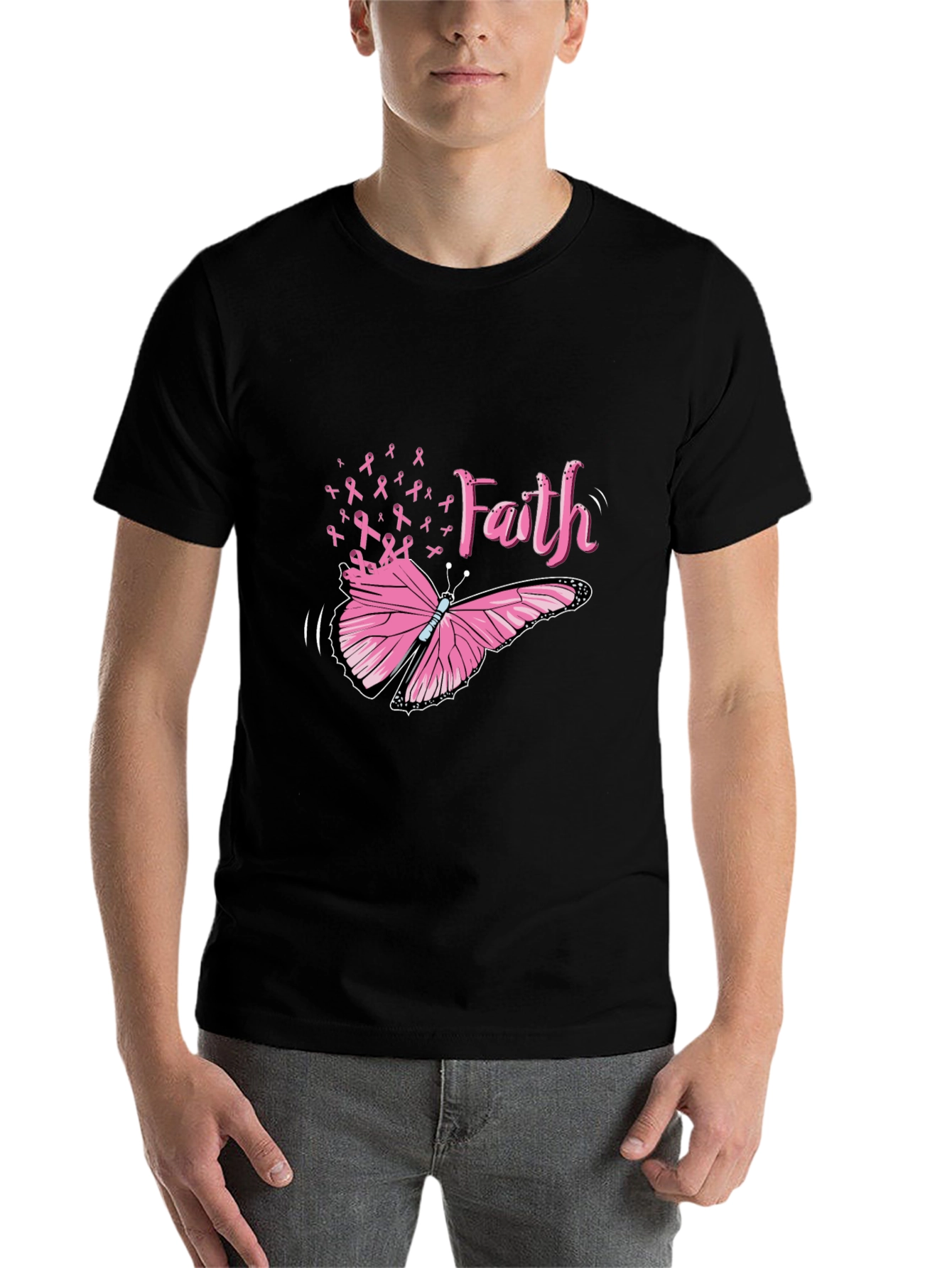 Black Faith Butterfly Breast Cancer Awareness Tee view 7