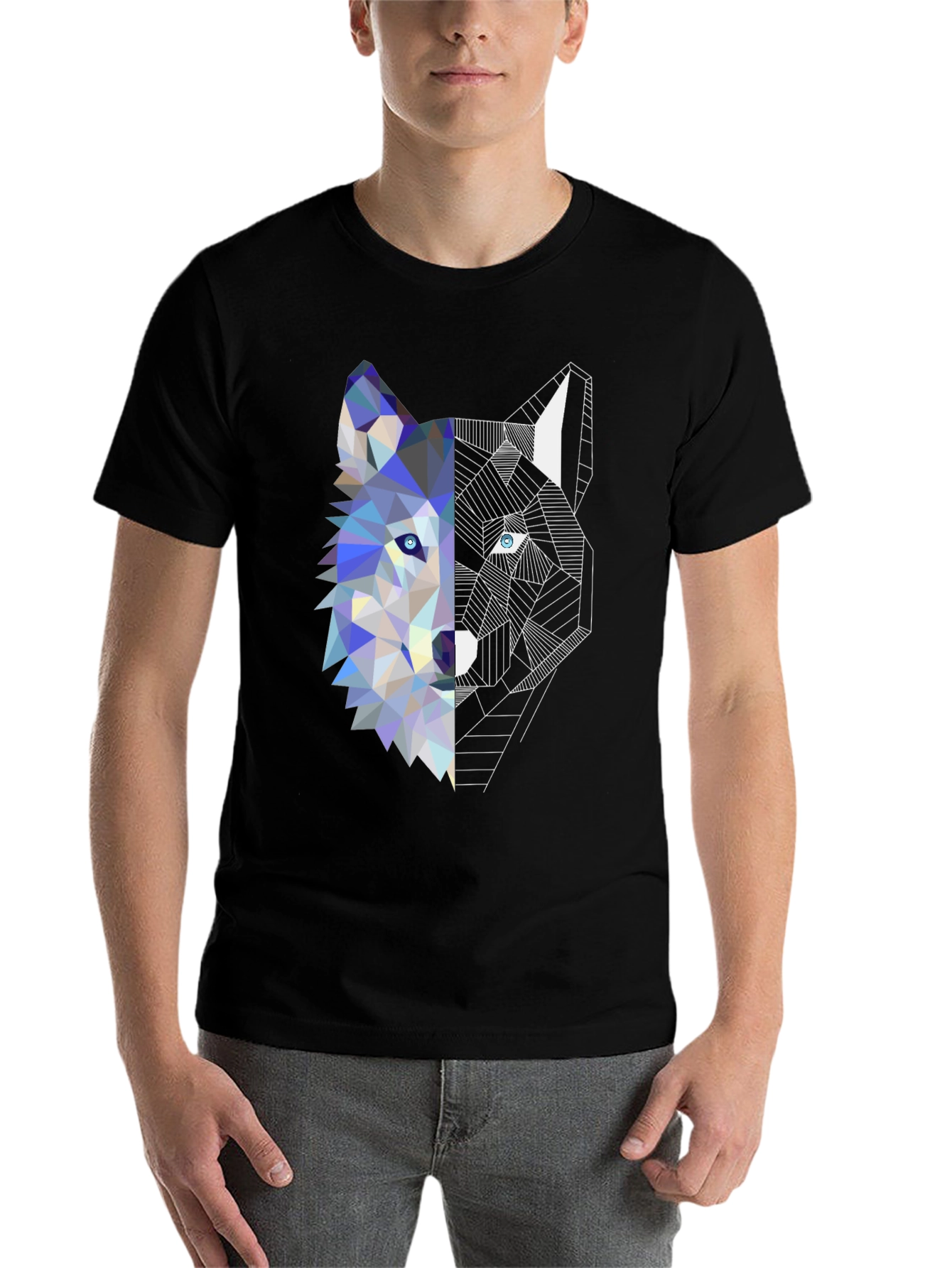 Black Geometric Wolf Graphic Tee - Modern Art Shirt view 7