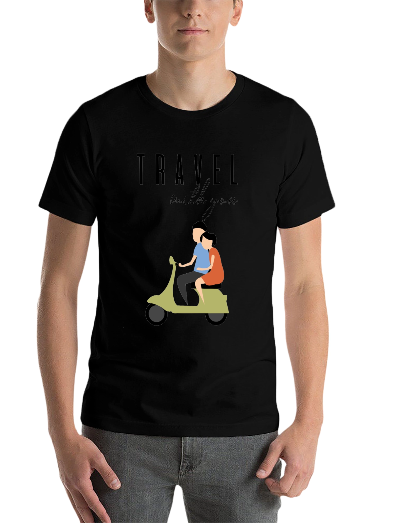 Black Travel With You Graphic Tee - Stylish Couple Scooter Design view 7