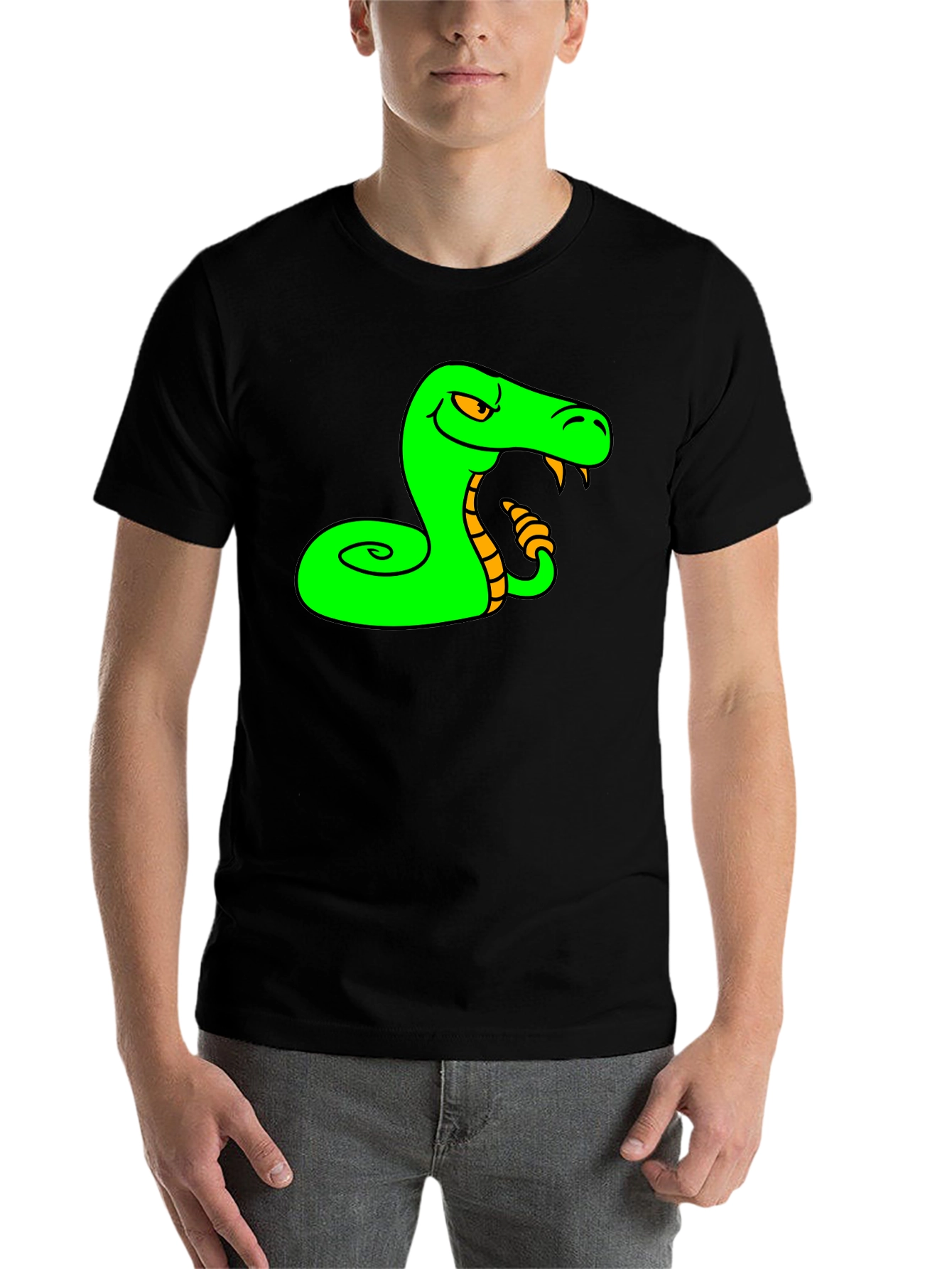 Black Green Snake Cartoon Graphic Black T-Shirt view 7