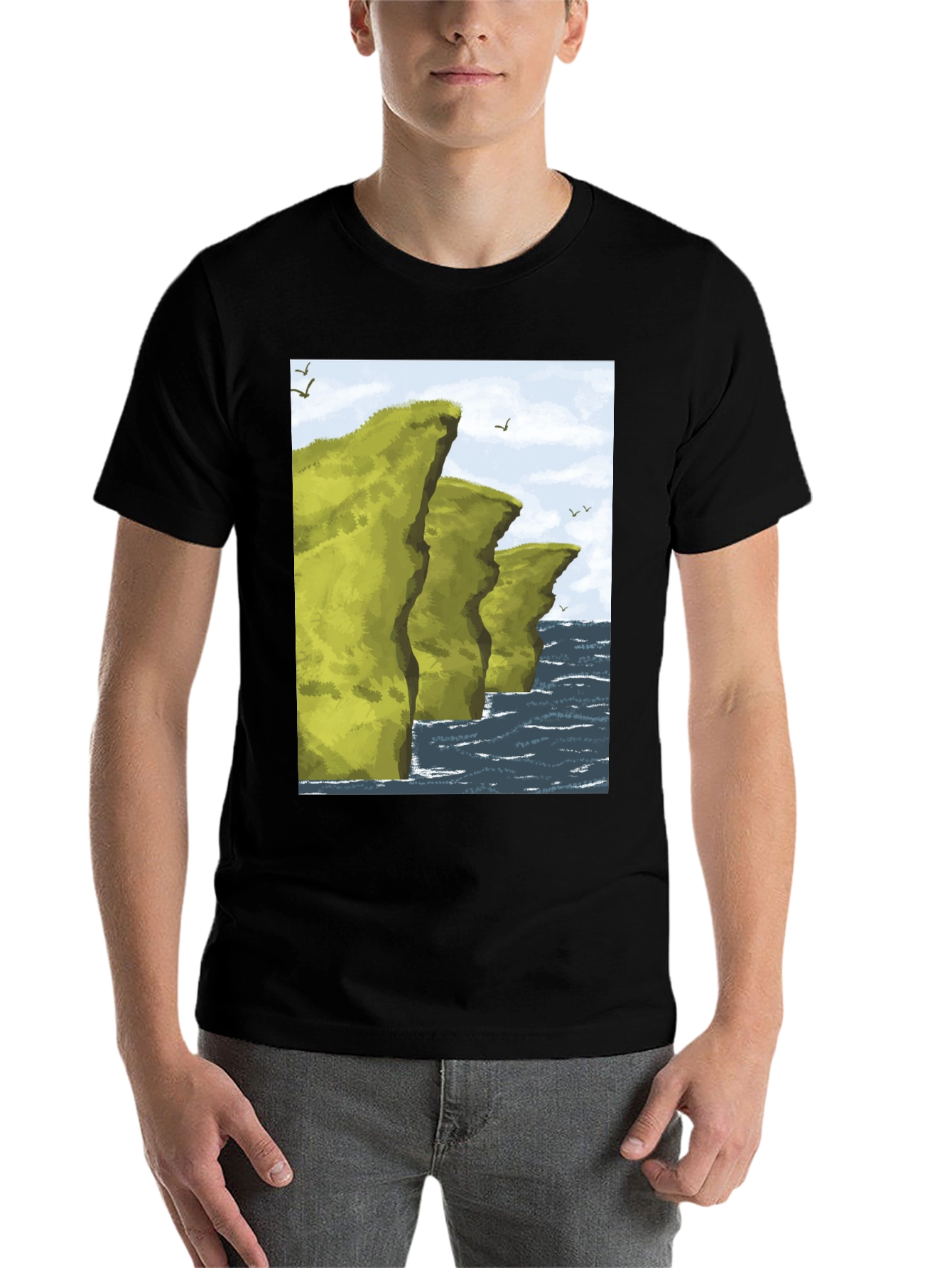 Black Coastal Cliff Graphic Tee - Black Cotton T-Shirt view 7