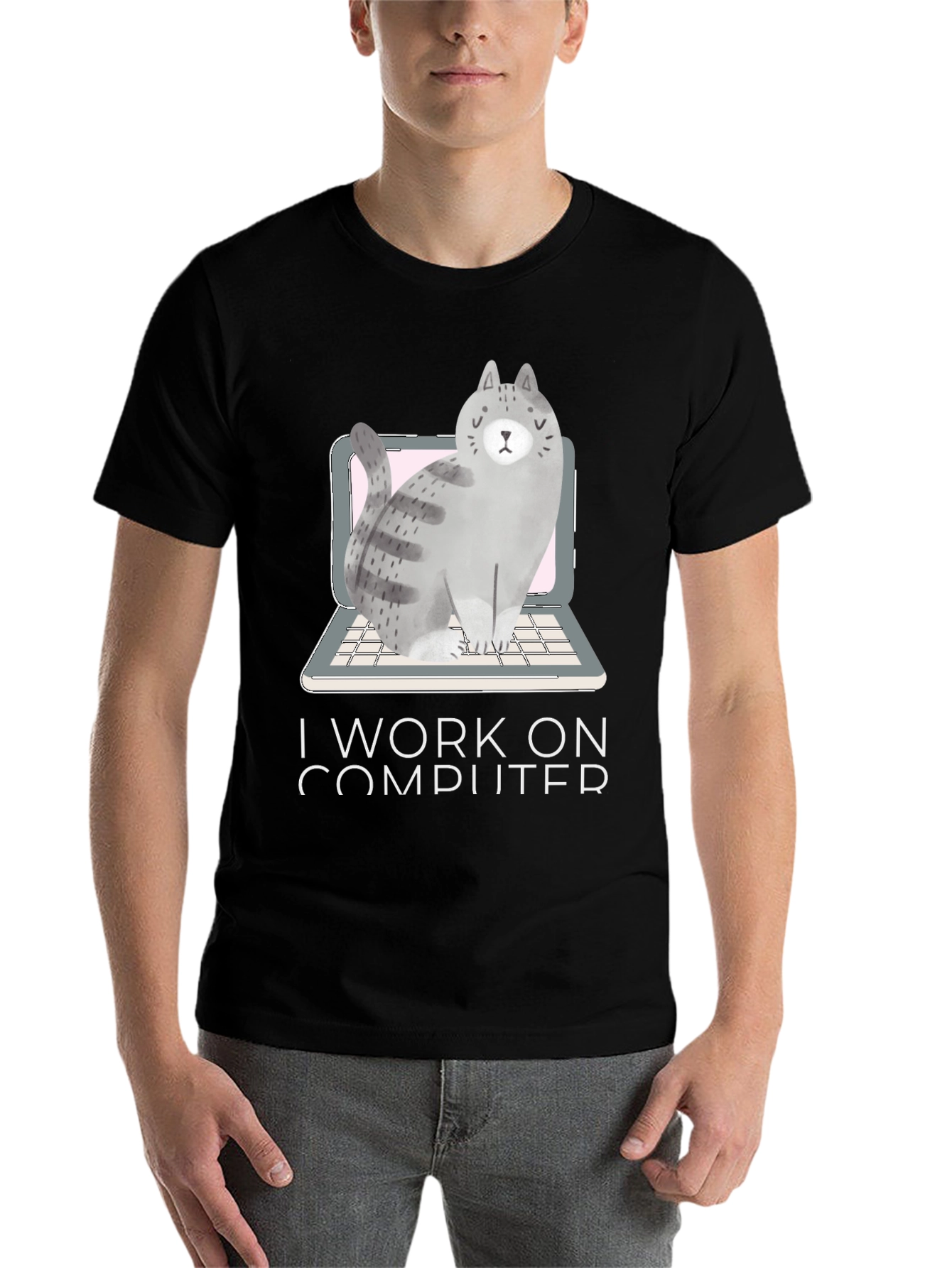 Black Cat on Laptop T-Shirt - I Work on Computer view 7