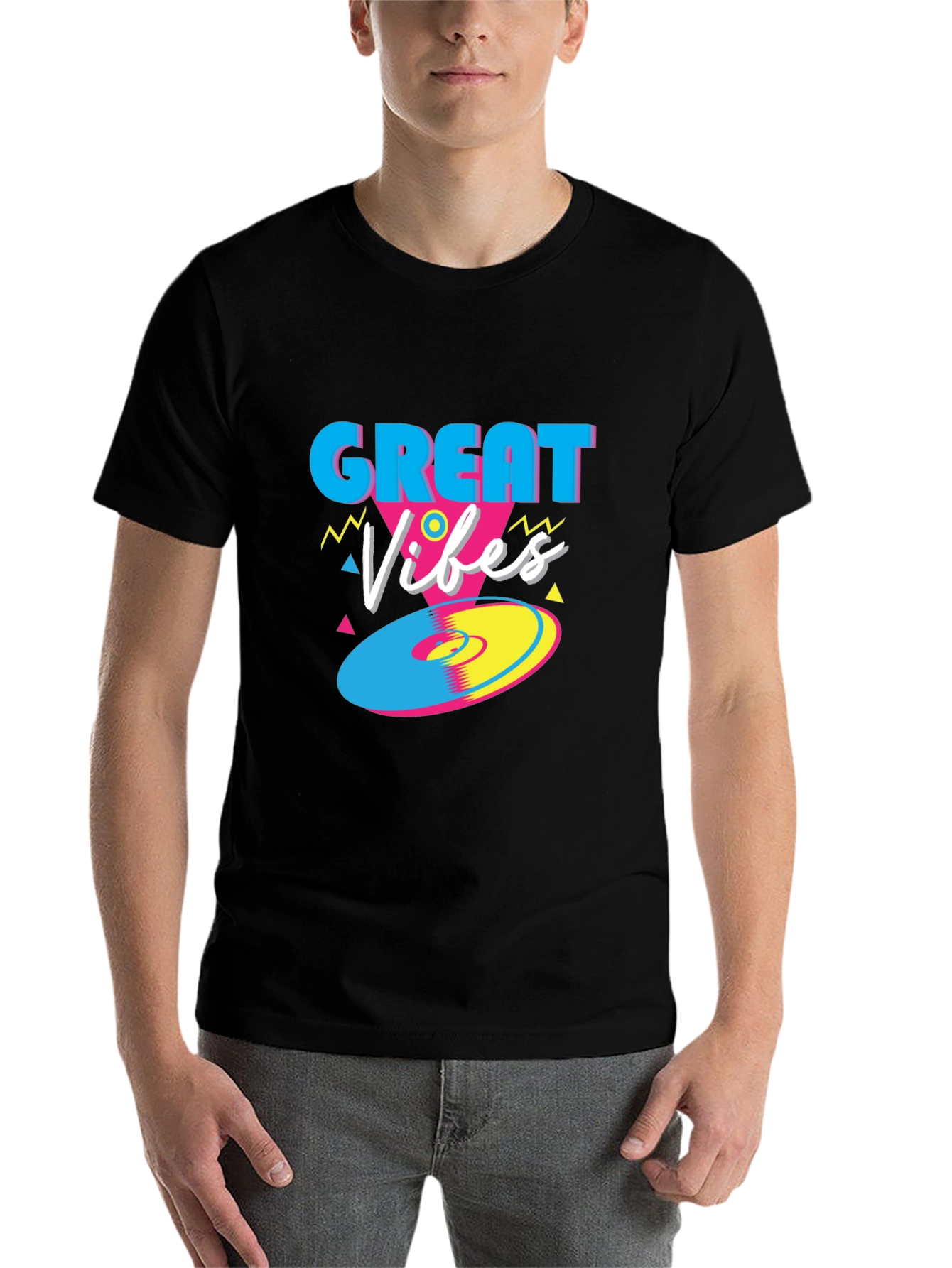 Black Great Vibes Retro T-Shirt - Funky 80s Style Tee view 7