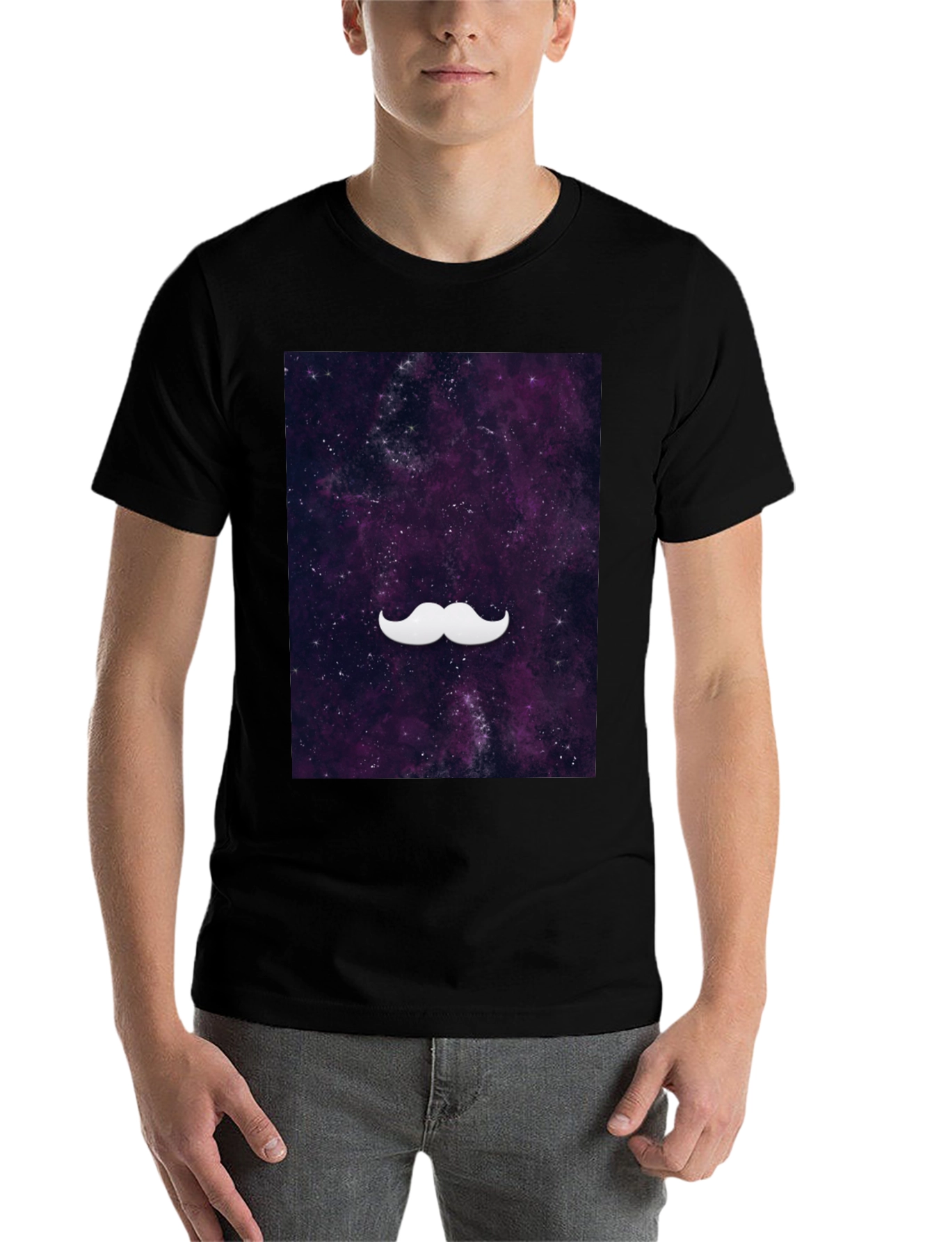 Black Galaxy Mustache Graphic Tee - Stylish Black Cotton T-Shirt view 7
