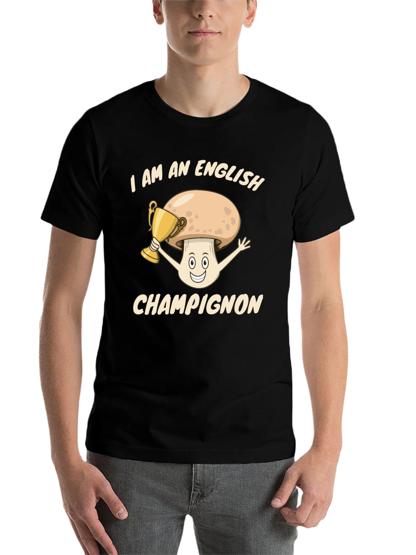 Black English Champignon T-Shirt - Funny Mushroom Pun Tee view 7