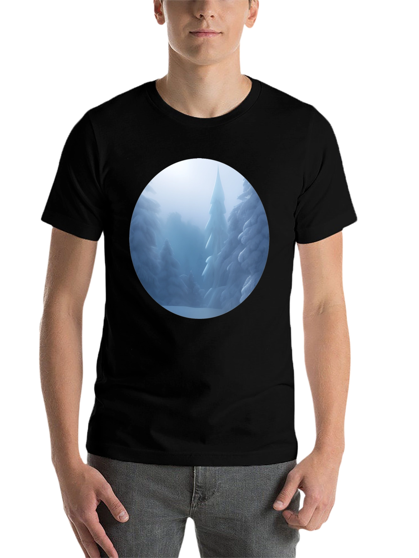 Black Winter Wonderland T-Shirt - Snowy Forest Scene view 7
