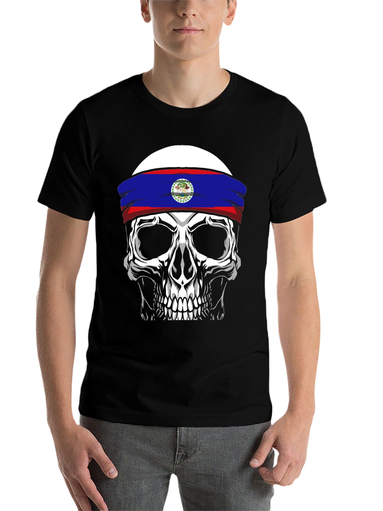 Black Skull Belize Flag Headband T-Shirt view 7