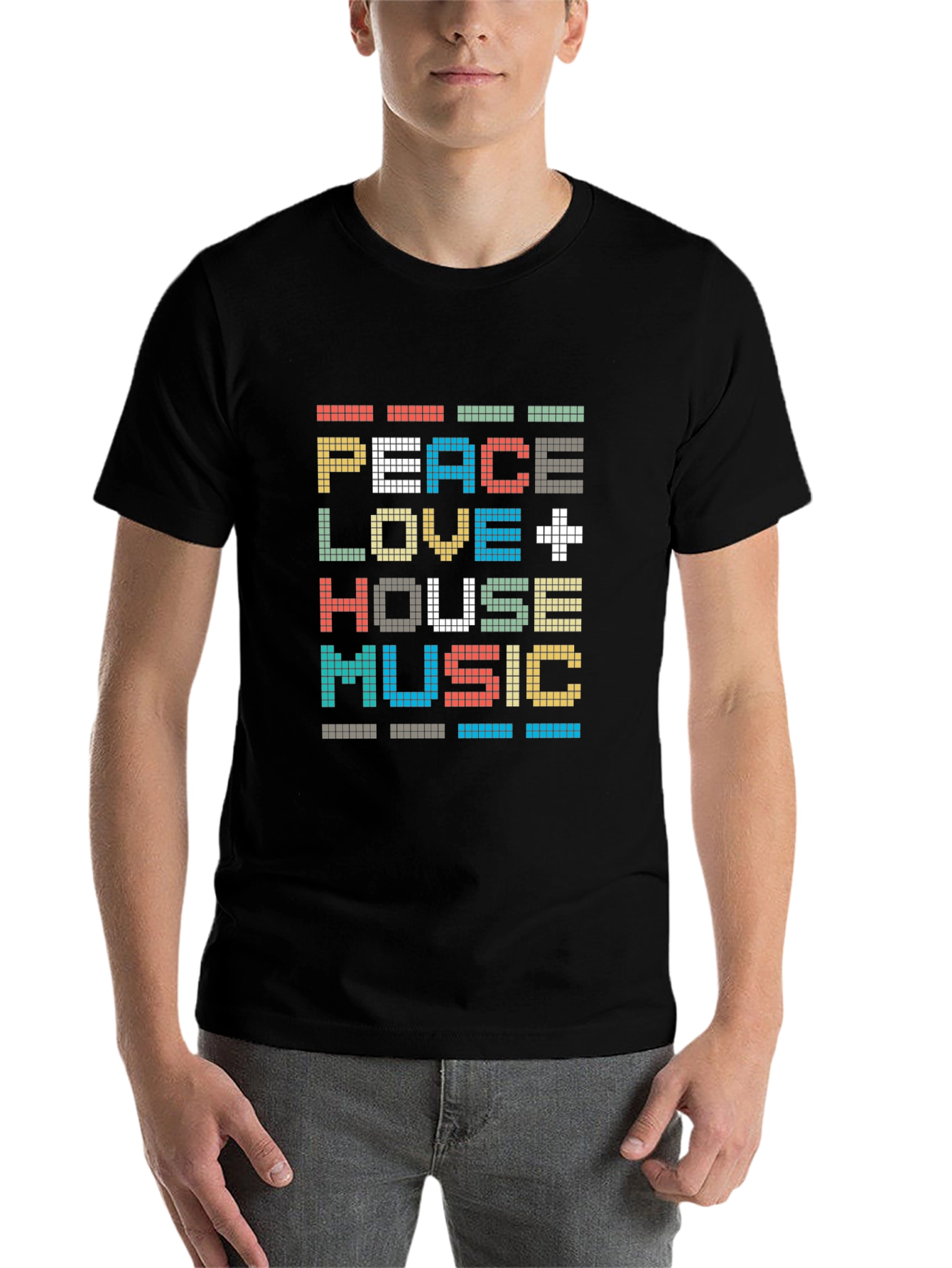 Black Peace Love House Music Pixel Art T-Shirt view 7