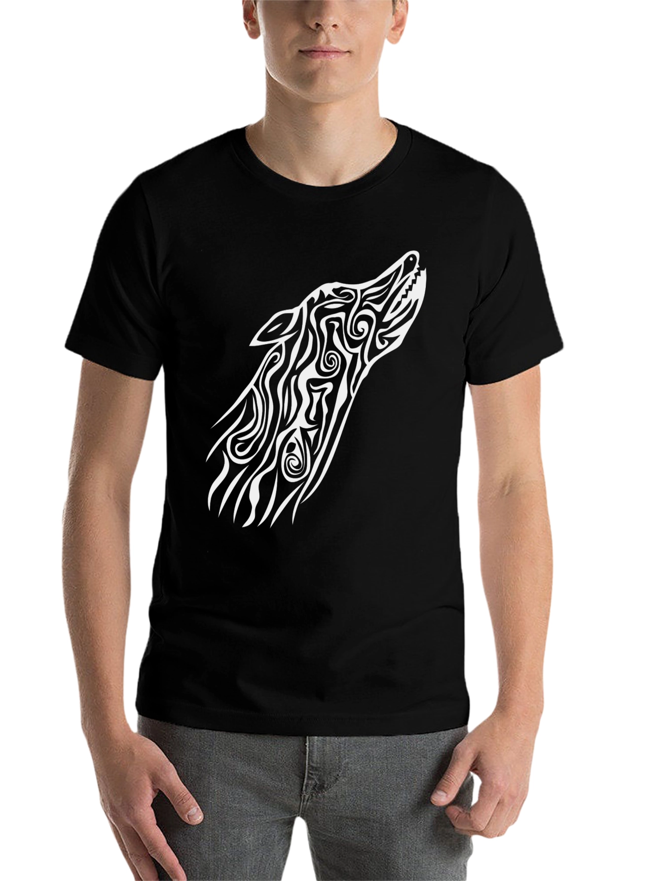 Black Tribal Wolf Graphic Tee - Black Cotton Blend view 7