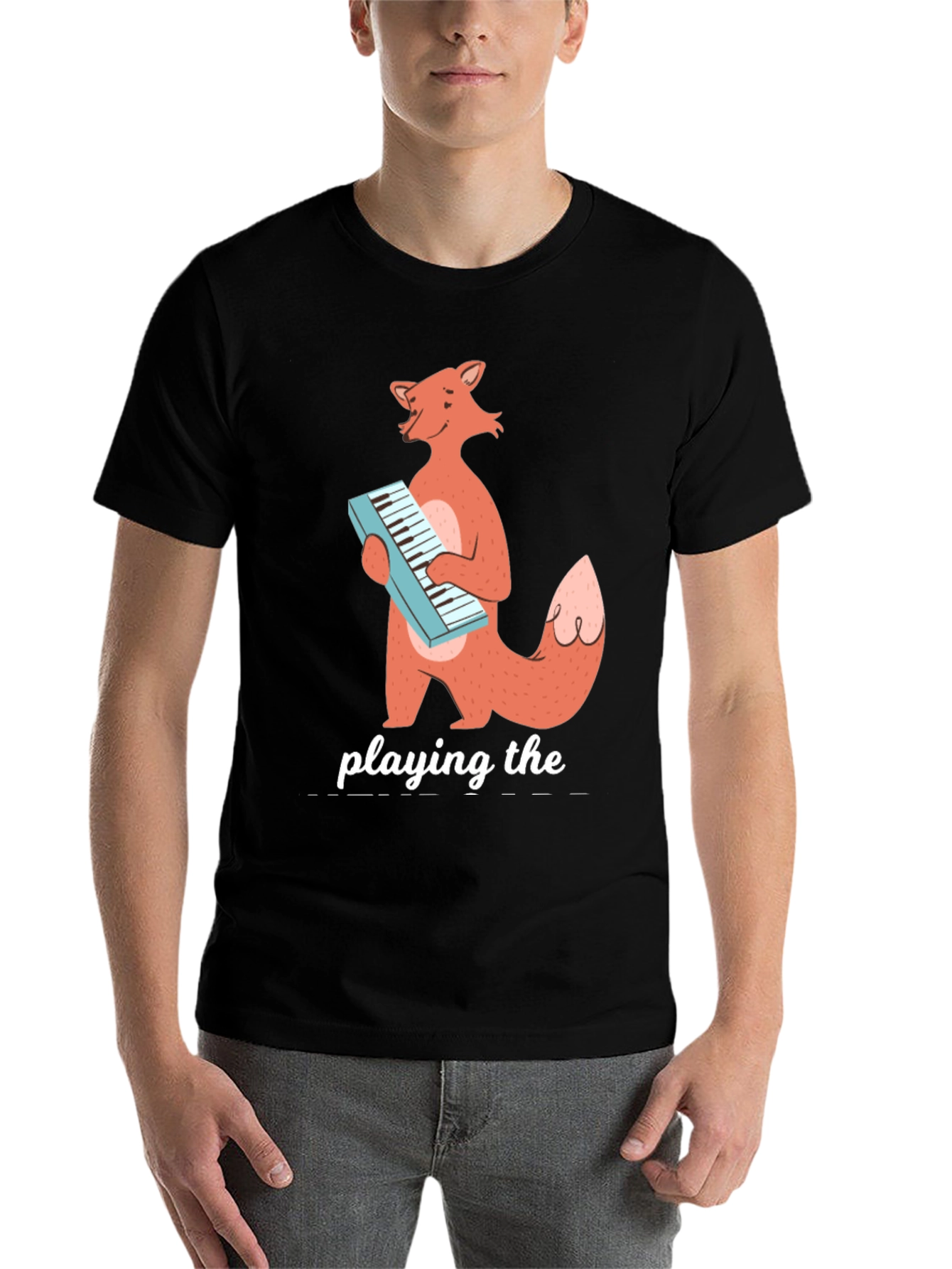 Black Fox Playing Keyboard Funny Graphic T-Shirt view 7