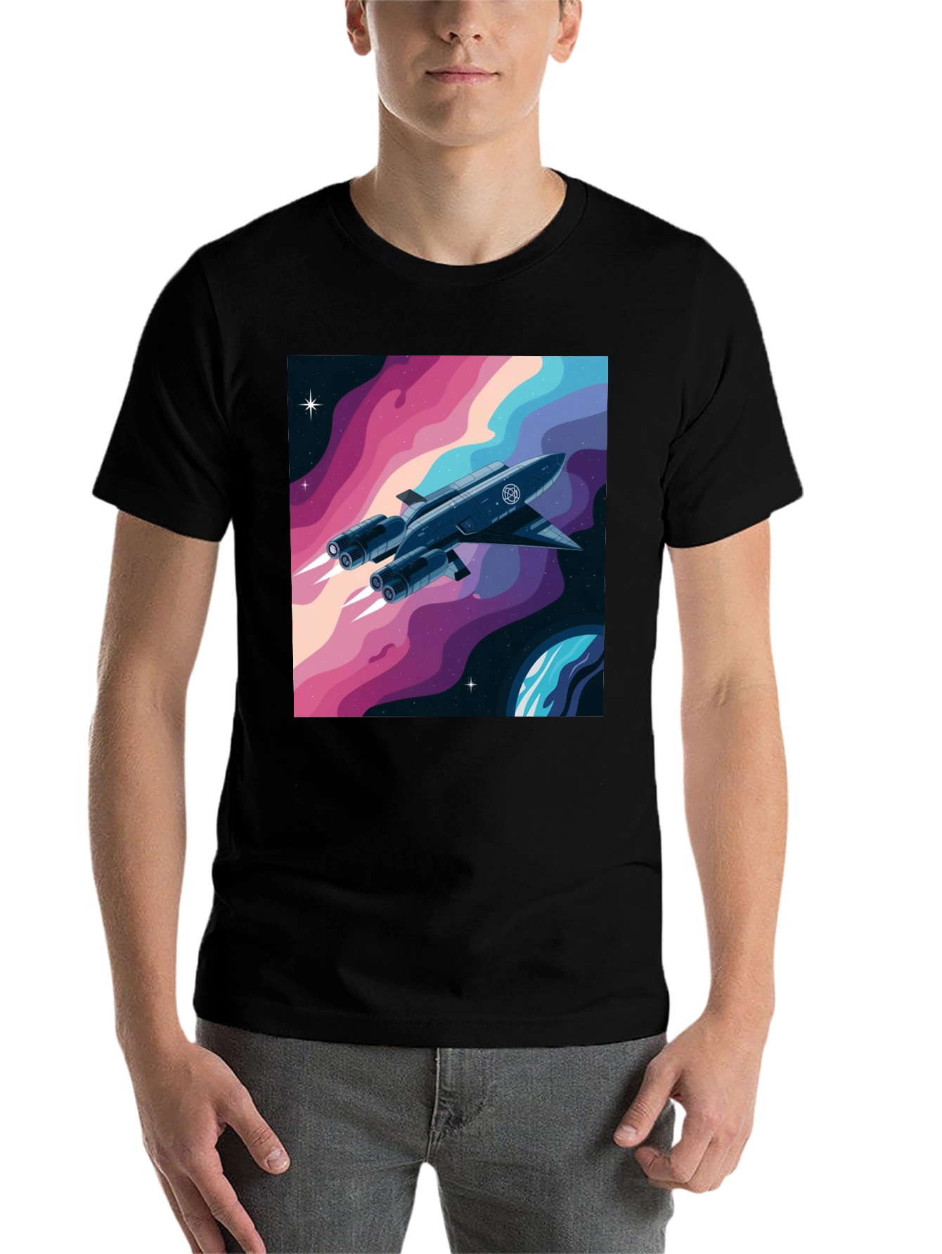 Black Retro Space Rocket Graphic Tee view 7