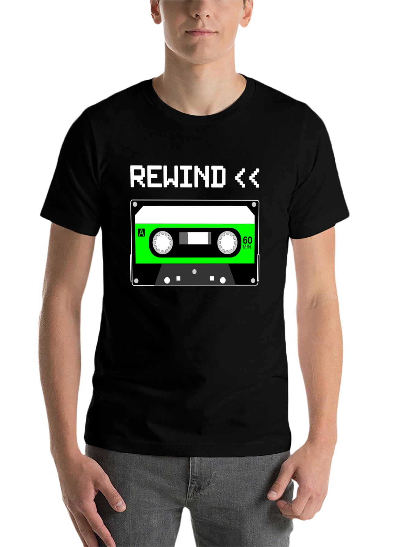 Black Retro Rewind Cassette Tape Graphic Tee - 80s Nostalgia T-Shirt view 7