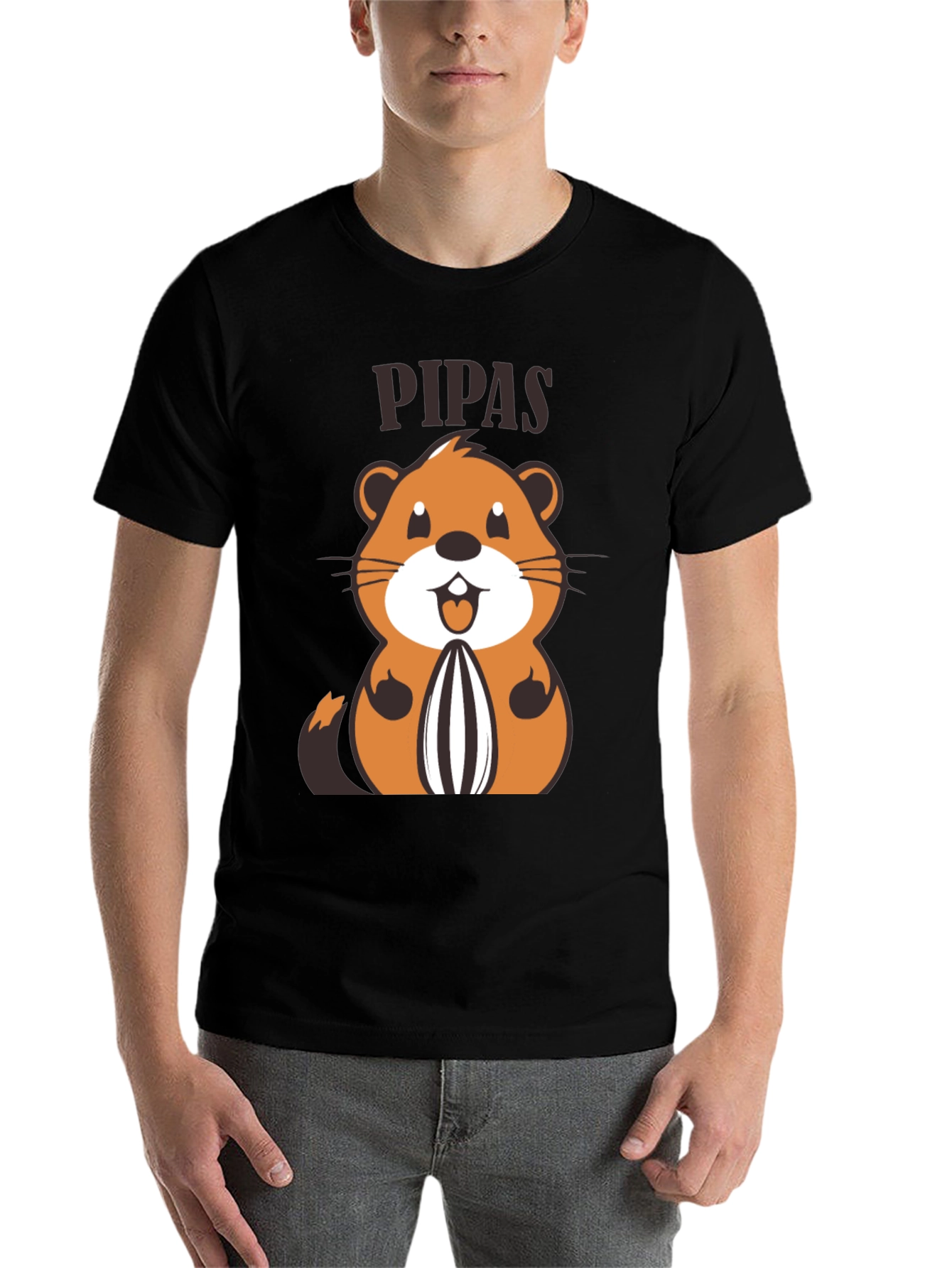 Black Funny PIPAS T-Shirt with Cartoon Animal Design view 7