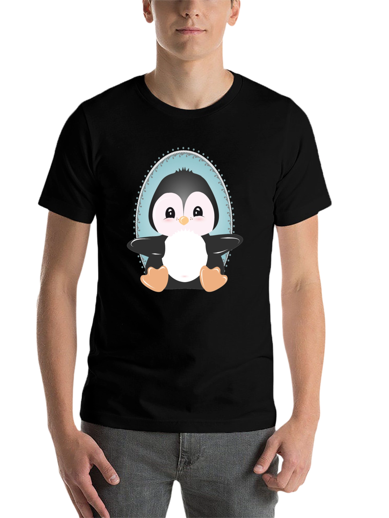 Black Cute Penguin Graphic Tee - Unisex Black T-Shirt view 7