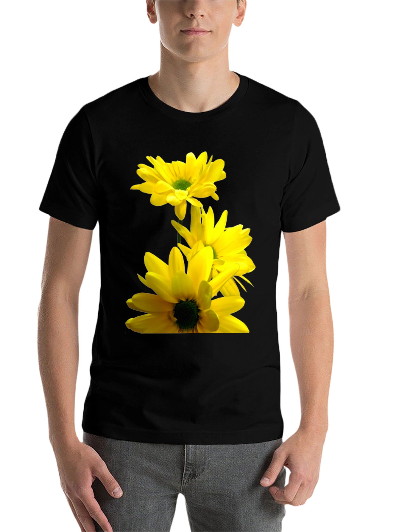 Black Black T-Shirt with Yellow Daisy Flower Print view 7