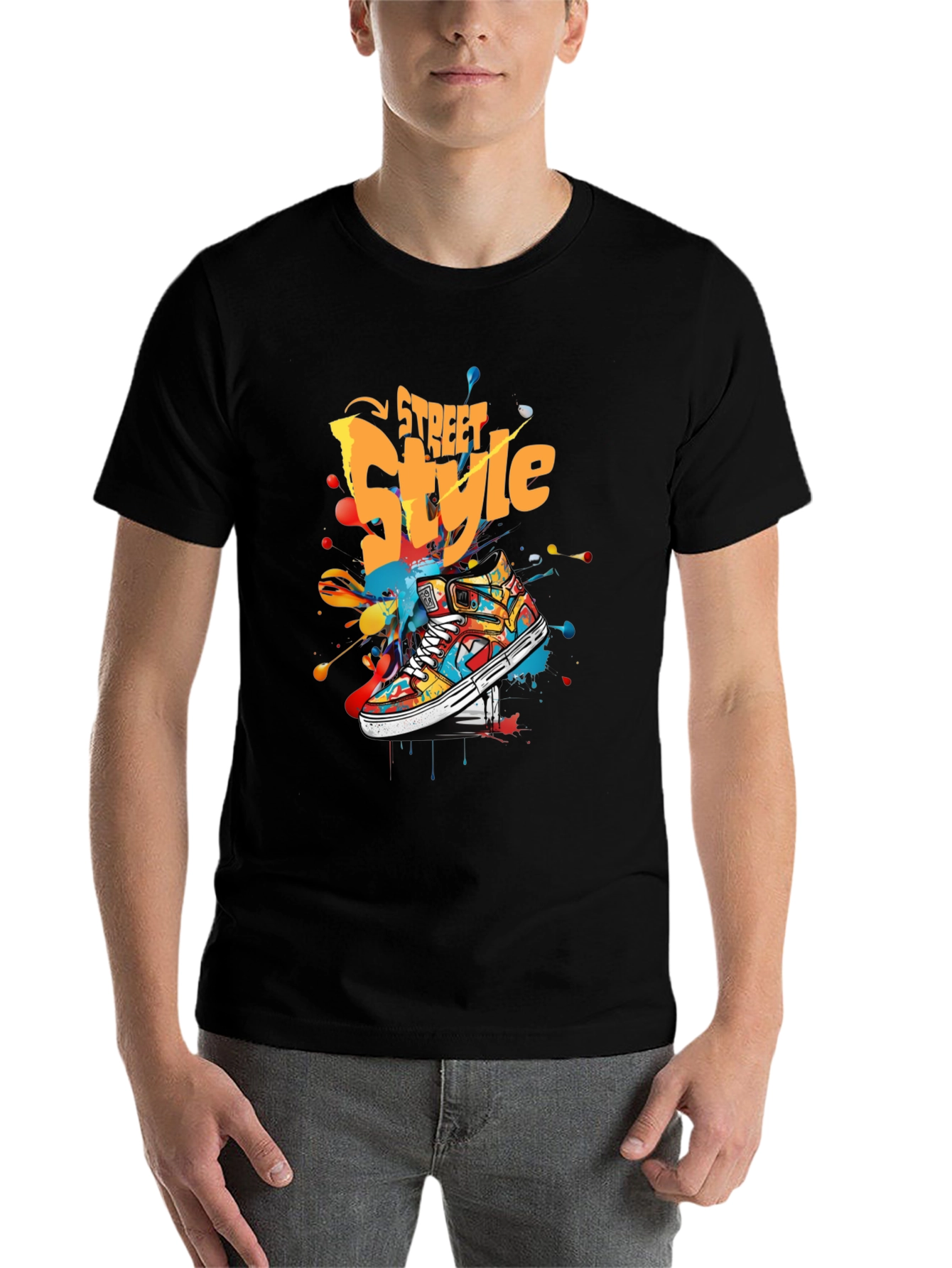 Black Street Style Graphic Tee - Colorful Sneaker Design view 7