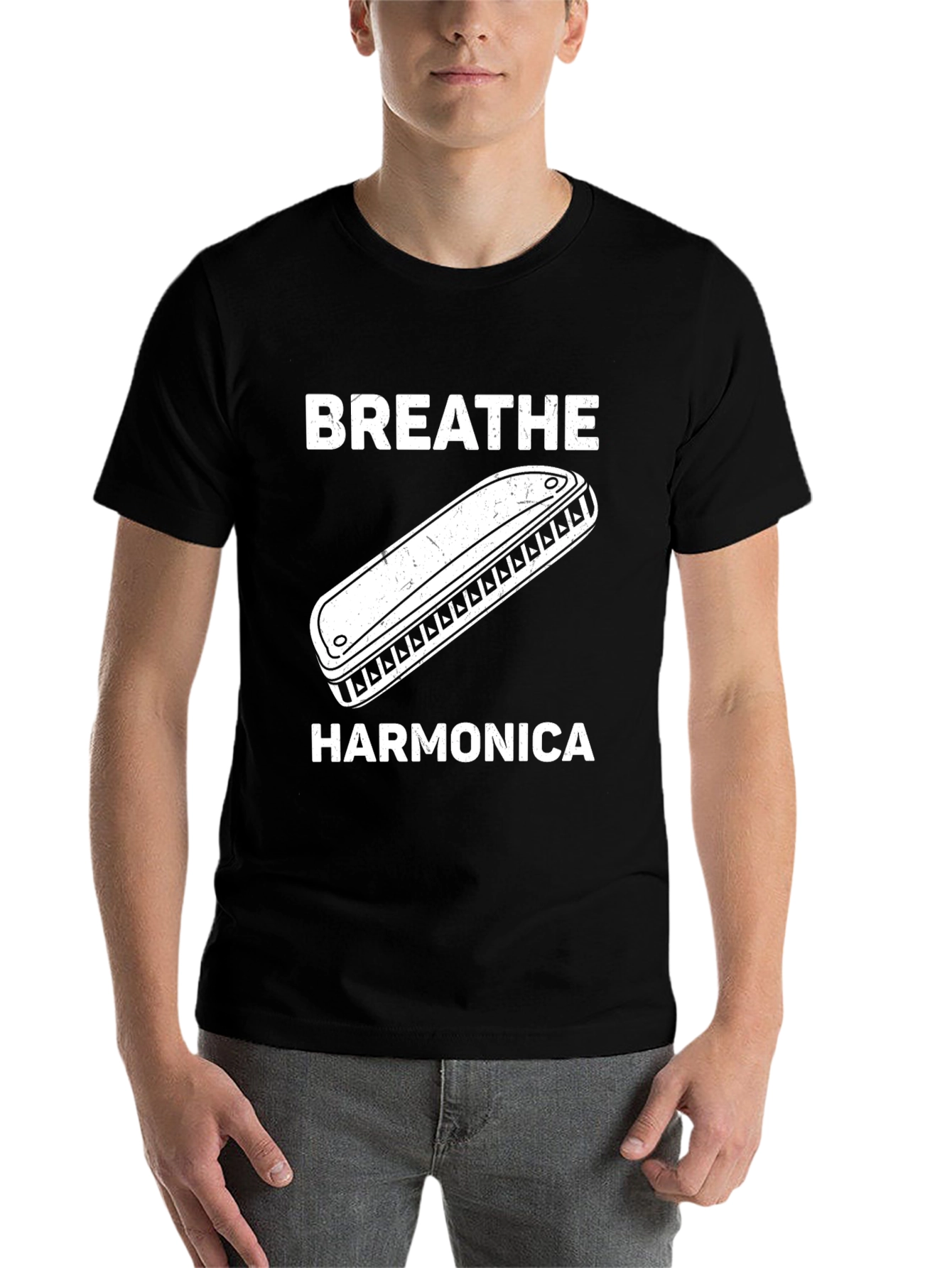Black Breathe Harmonica Graphic T-Shirt, Music Lover Tee view 7