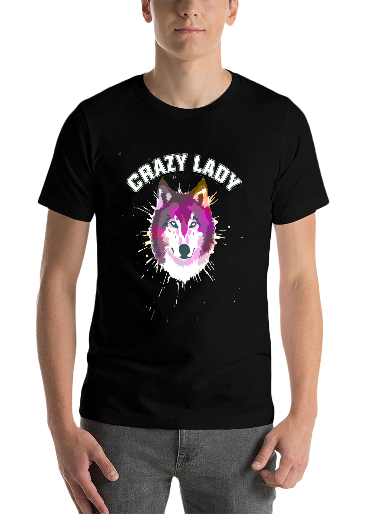 Black Crazy Lady Wolf Graphic T-Shirt | Unisex view 7