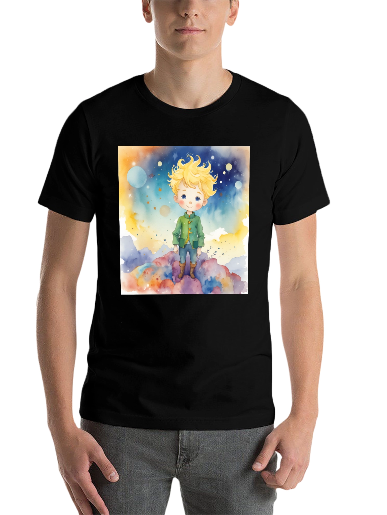 Black Little Prince Watercolor Graphic Tee - Soft Cotton Blend view 7