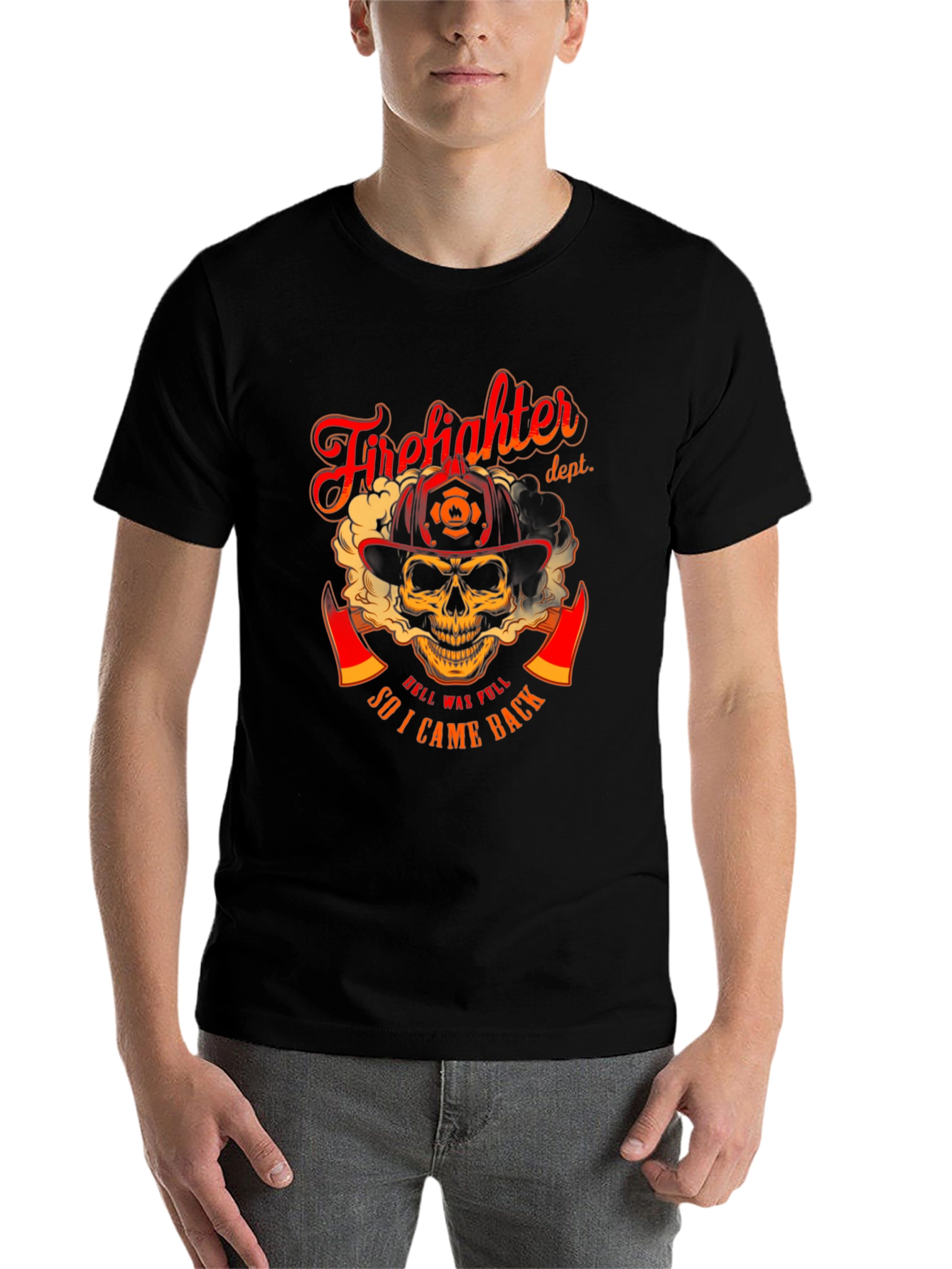 Black Firefighter Skull Graphic T-Shirt - "Hell Was Full" Design view 7