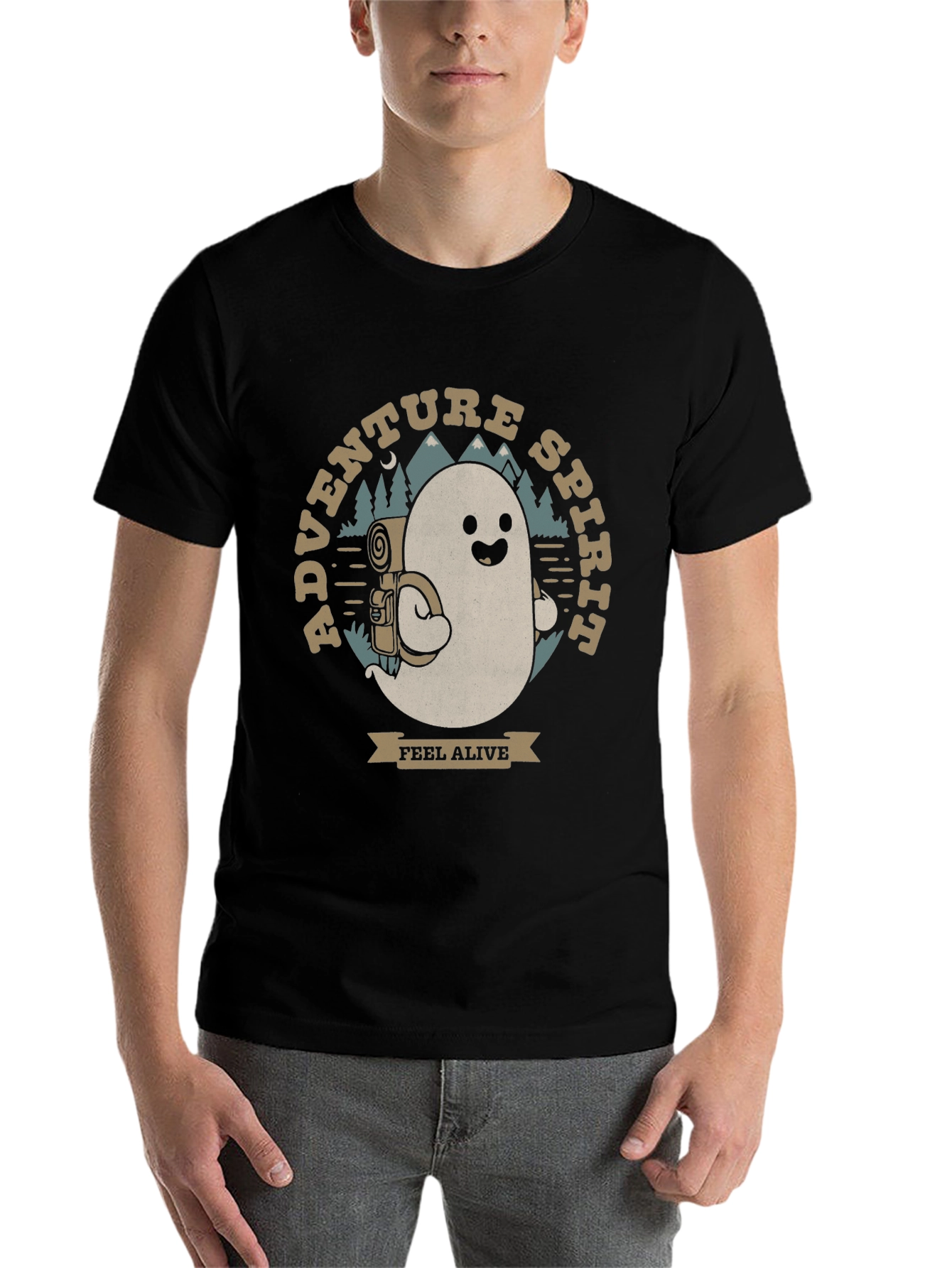 Black Adventure Spirit T-Shirt: Ghost with Backpack view 7