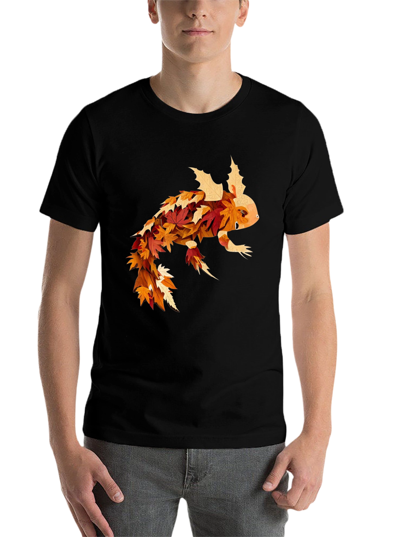 Black Fall Axolotl T-Shirt - Autumn Leaf Design view 7