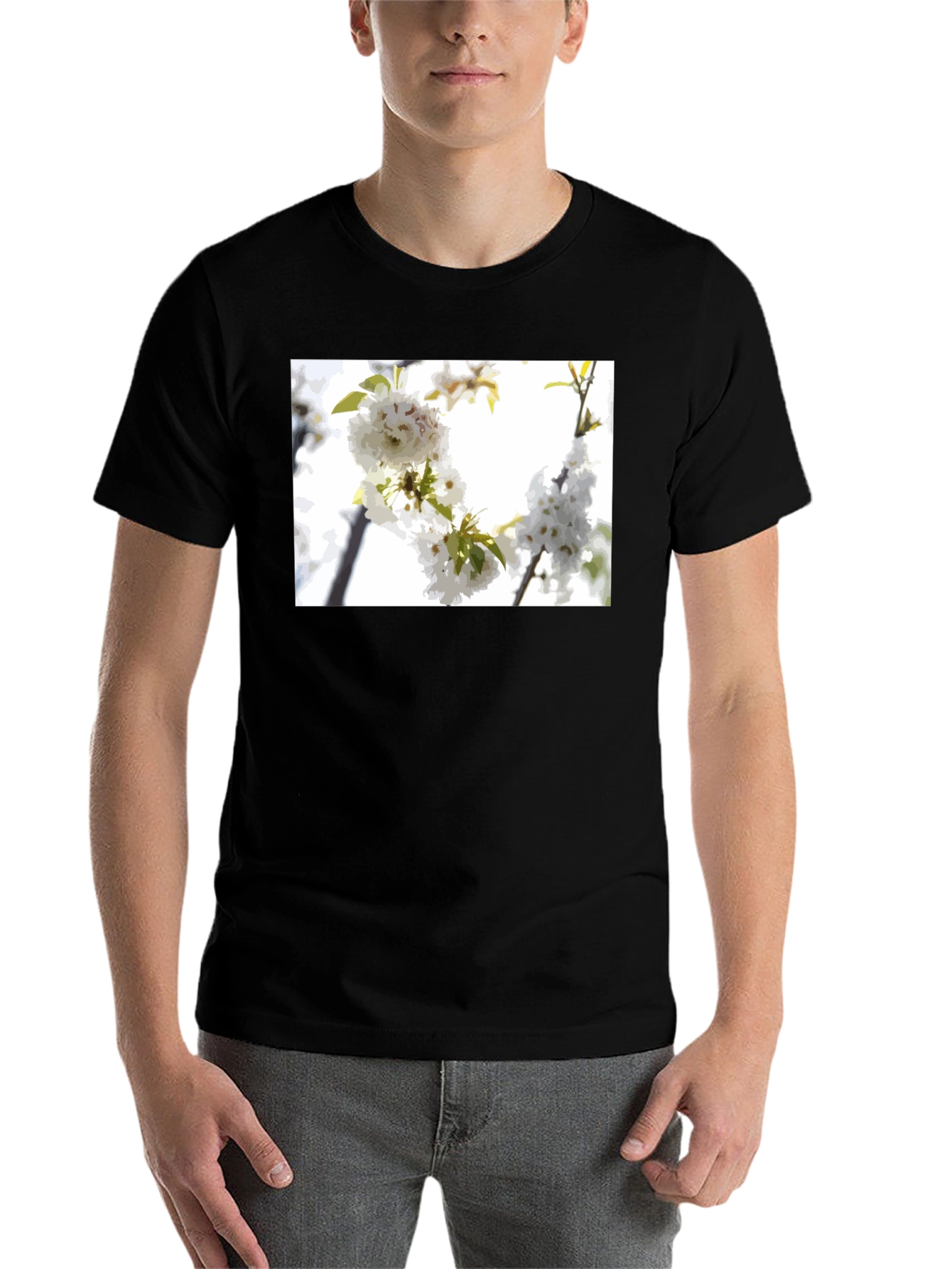 Black White Flower T-Shirt - Black Cotton Blossom Tee view 7