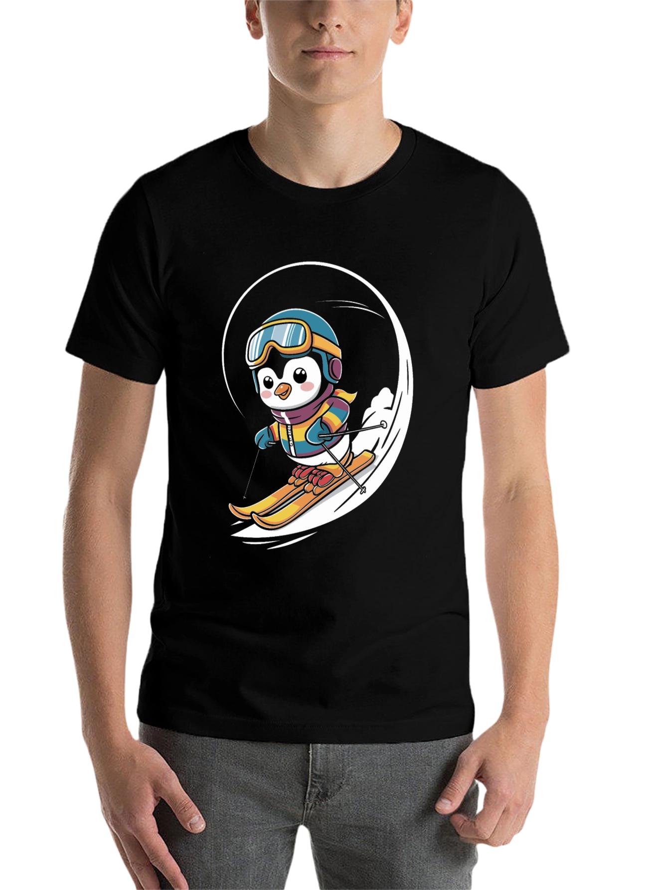 Black Penguin Skiing Graphic Tee - Winter Fun T-Shirt view 7